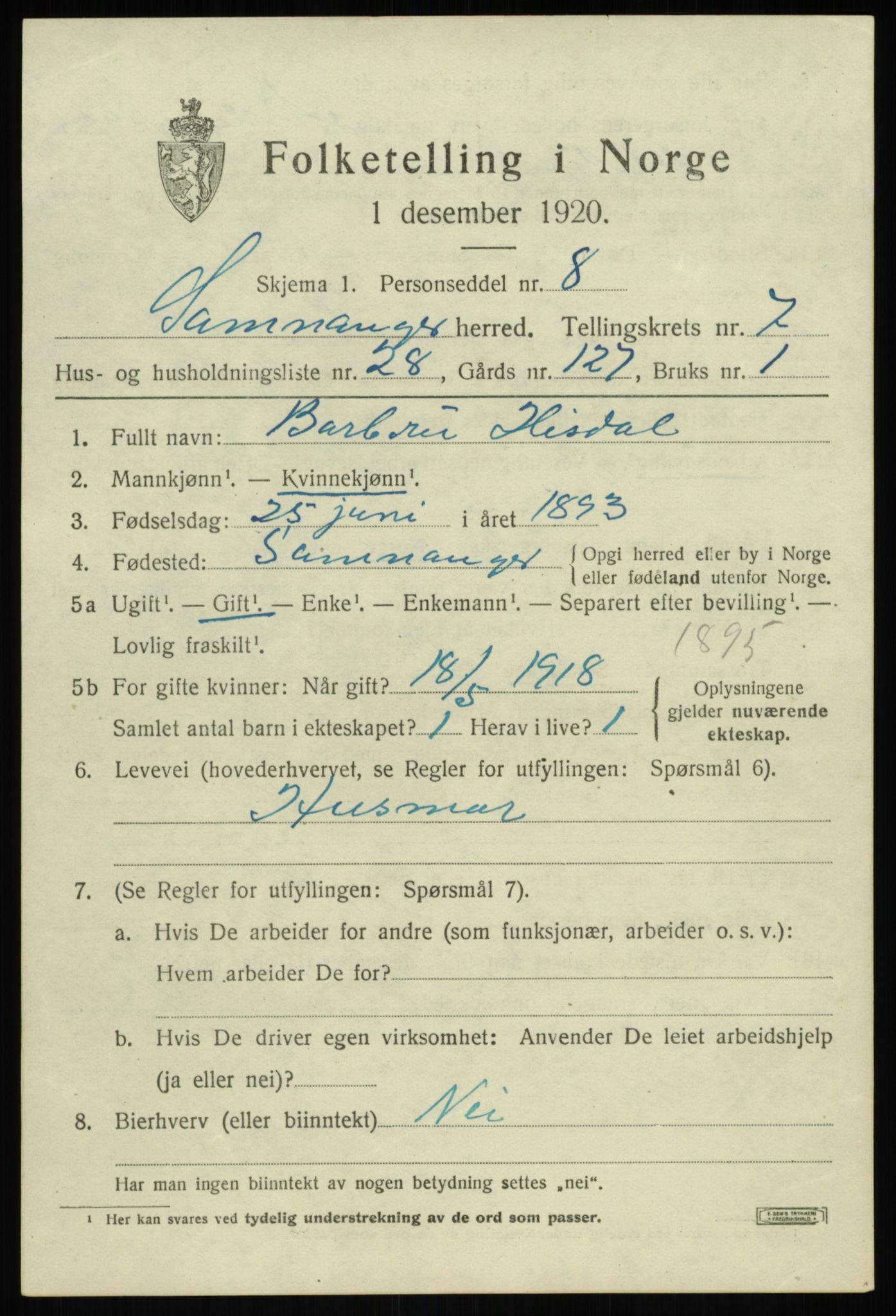 SAB, 1920 census for Samnanger, 1920, p. 3517