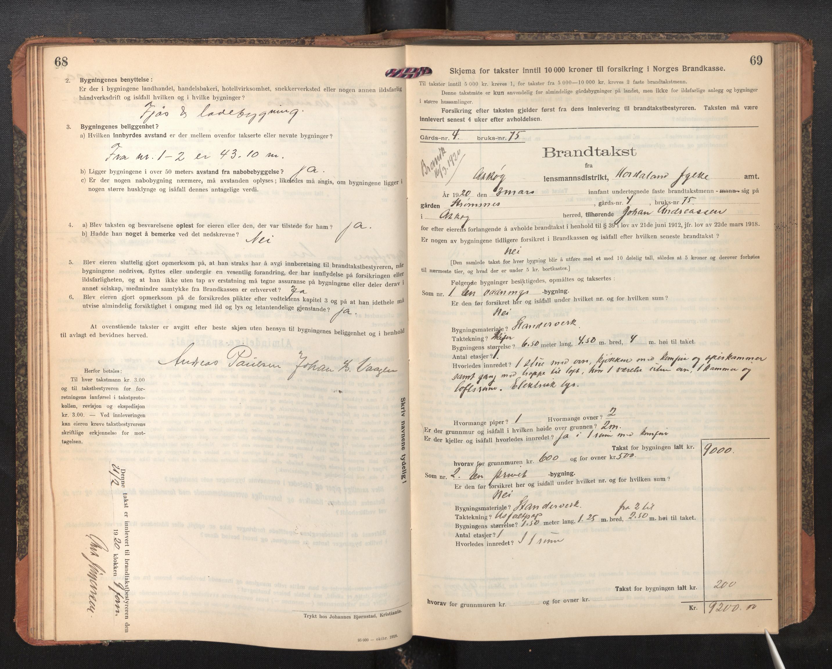 Lensmannen i Askøy, AV/SAB-A-31001/0012/L0008: Branntakstprotokoll, skjematakst, 1919-1927, p. 68-69