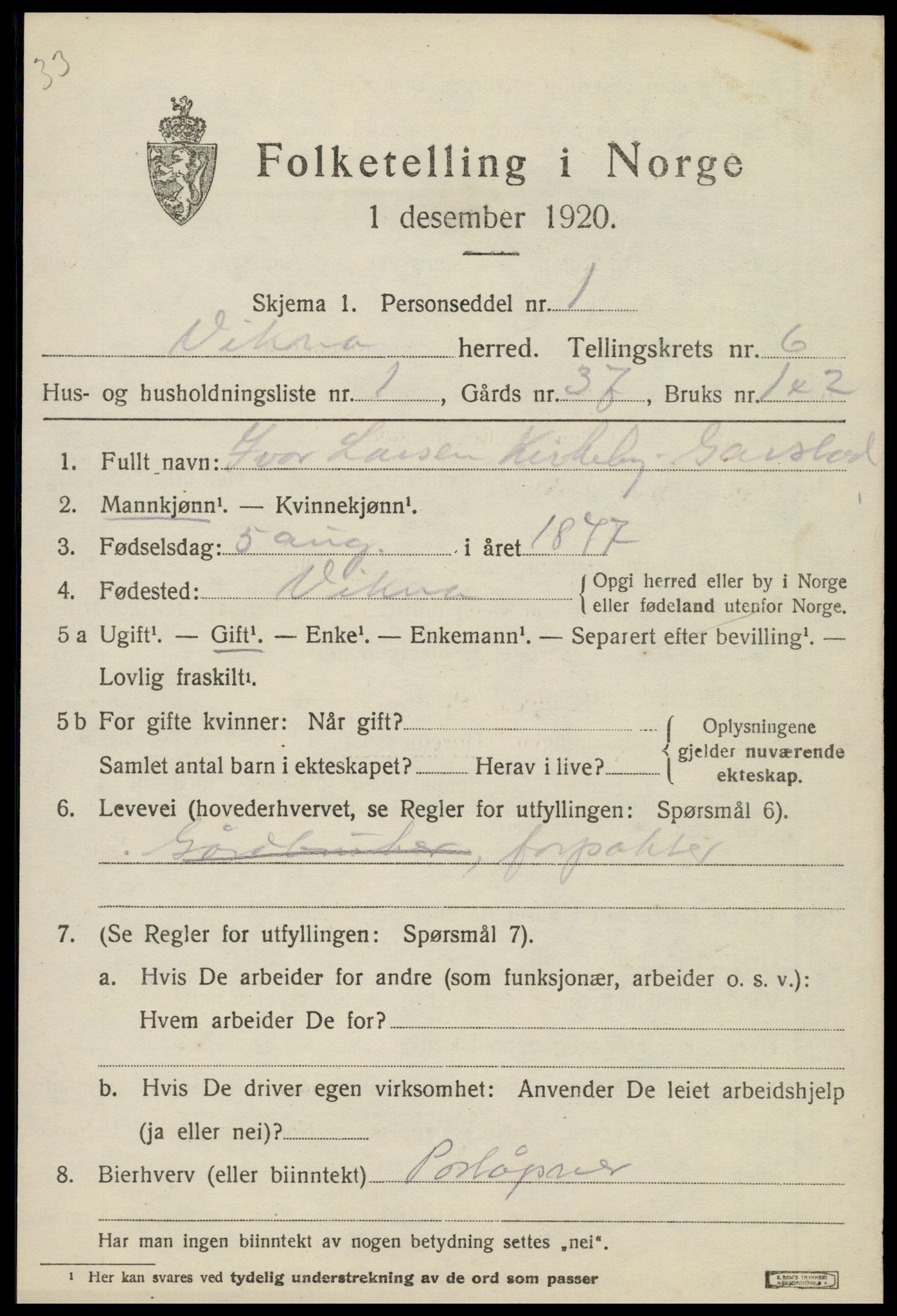 SAT, 1920 census for Vikna, 1920, p. 4997