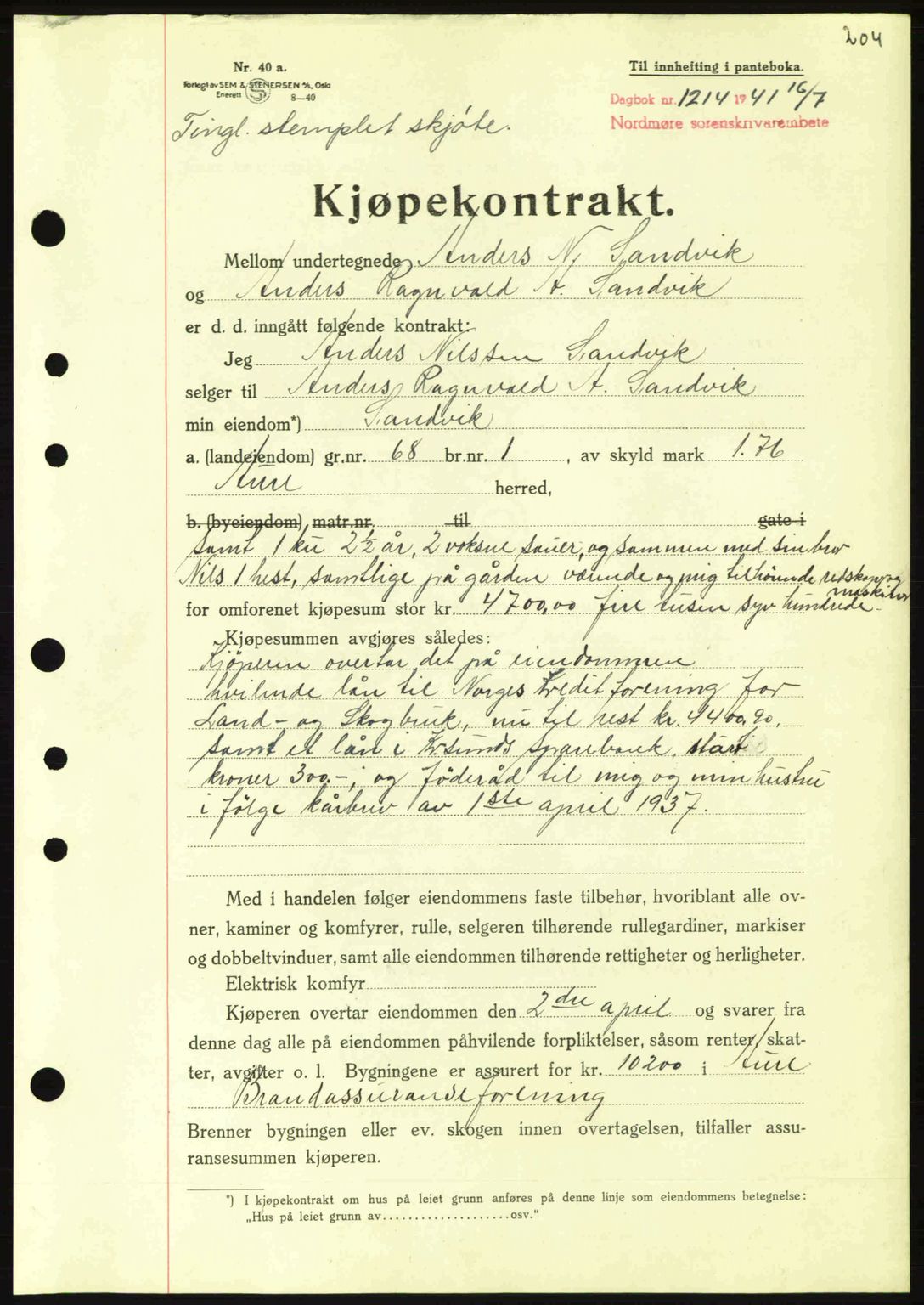 Nordmøre sorenskriveri, AV/SAT-A-4132/1/2/2Ca: Mortgage book no. B88, 1941-1942, Diary no: : 1214/1941