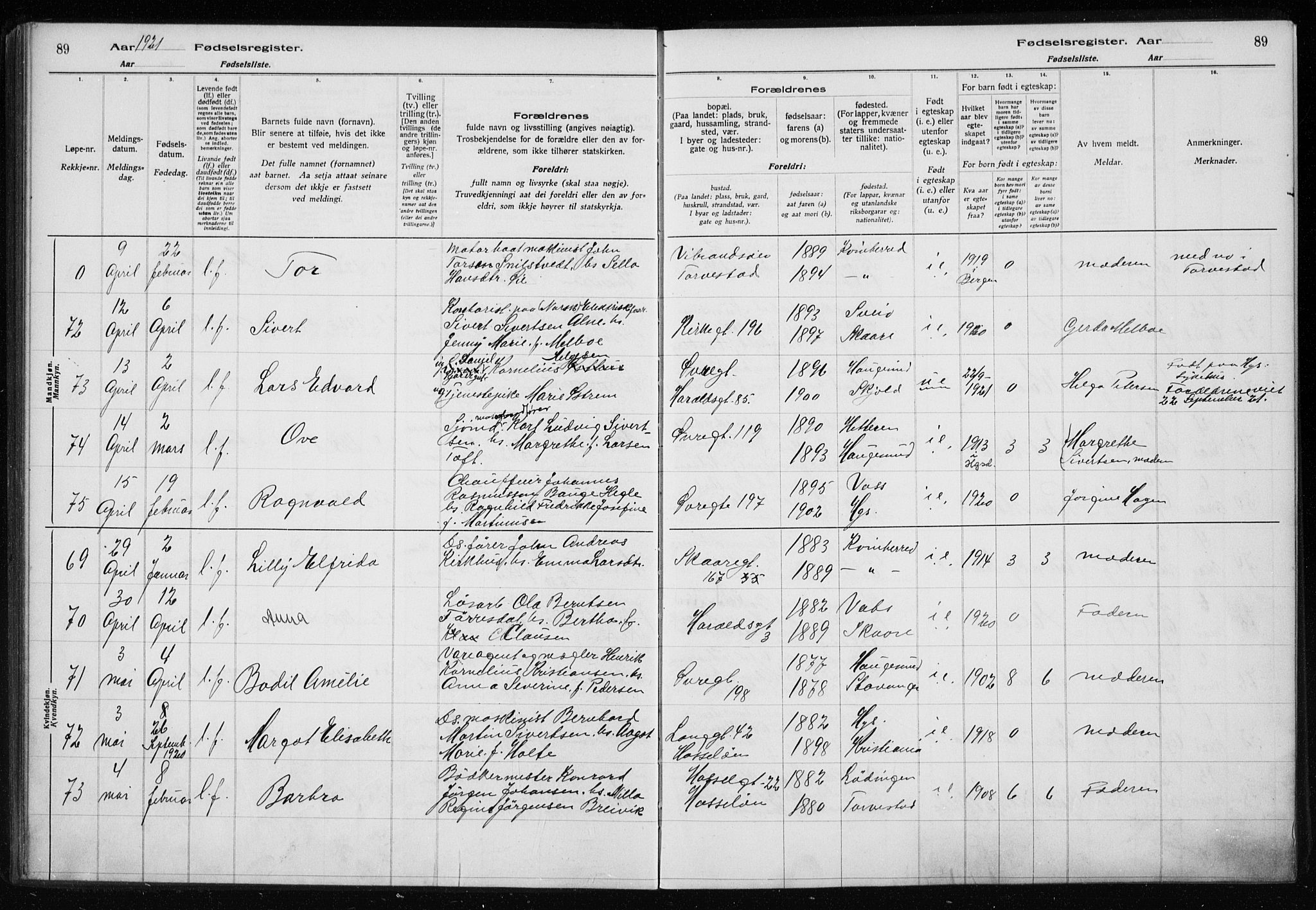 Haugesund sokneprestkontor, SAST/A -101863/I/Id/L0004: Birth register no. 2, 1919-1923, p. 89