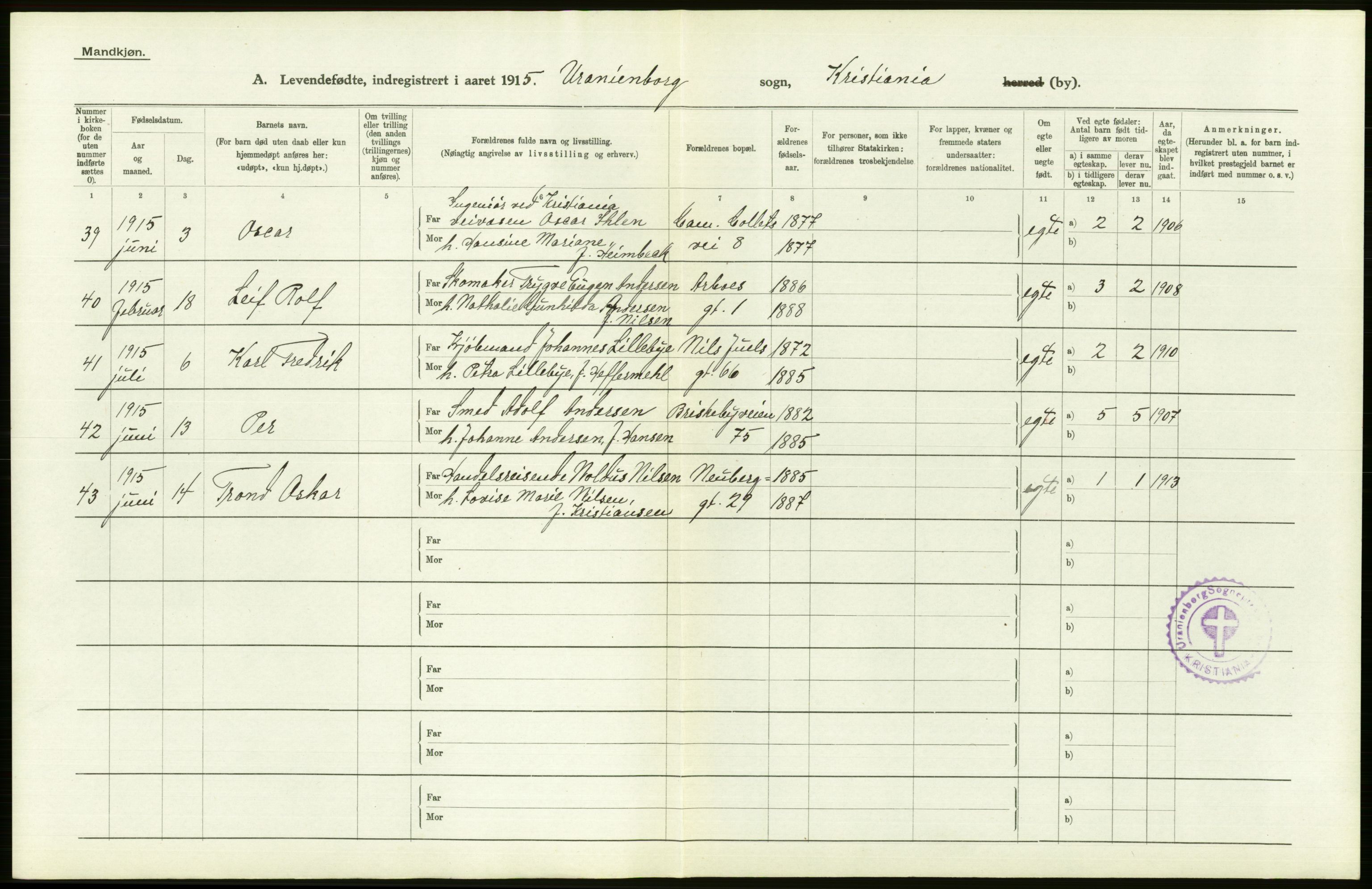 Statistisk sentralbyrå, Sosiodemografiske emner, Befolkning, AV/RA-S-2228/D/Df/Dfb/Dfbe/L0007: Kristiania: Levendefødte menn og kvinner., 1915, p. 512