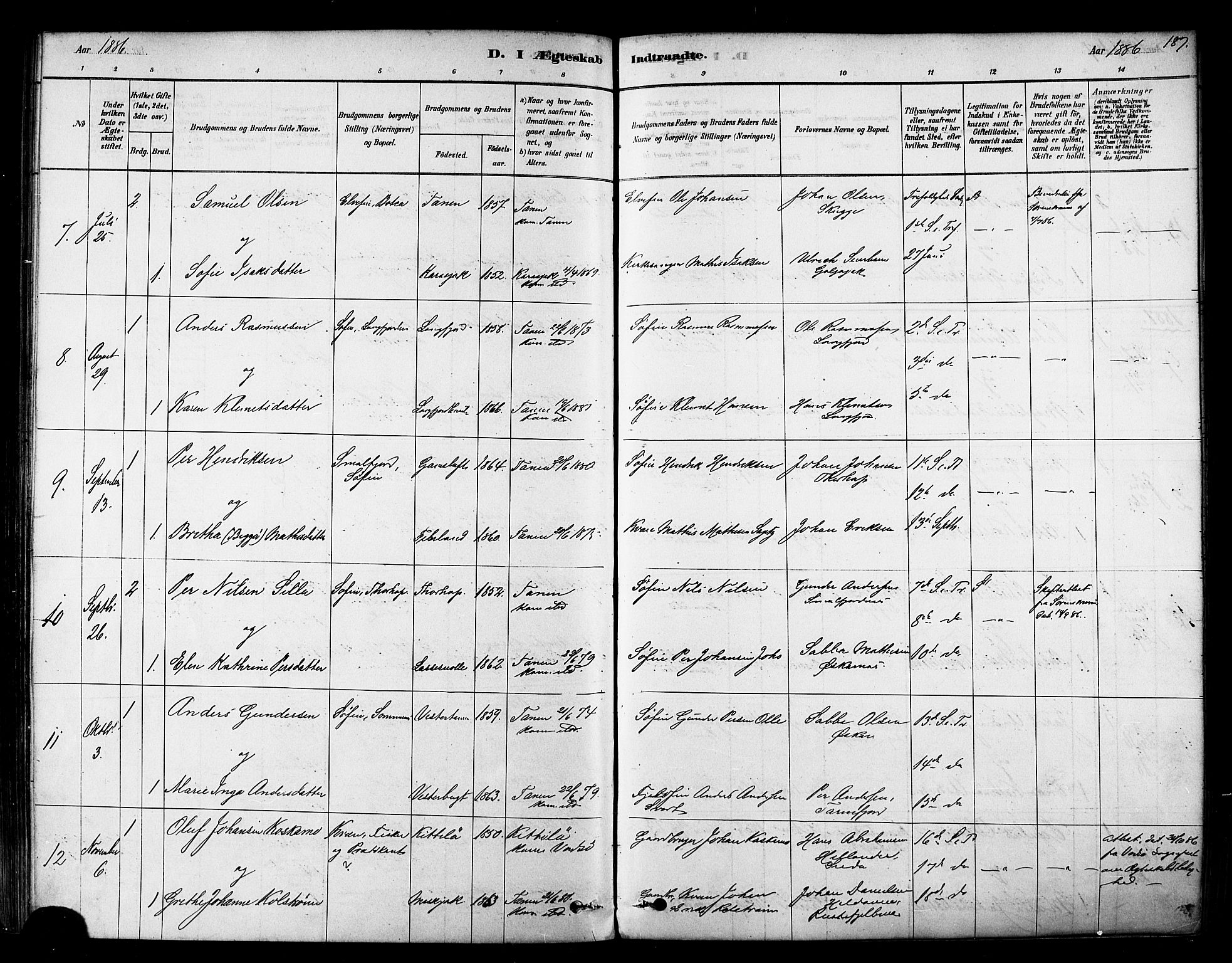 Tana sokneprestkontor, AV/SATØ-S-1334/H/Ha/L0004kirke: Parish register (official) no. 4, 1878-1891, p. 187