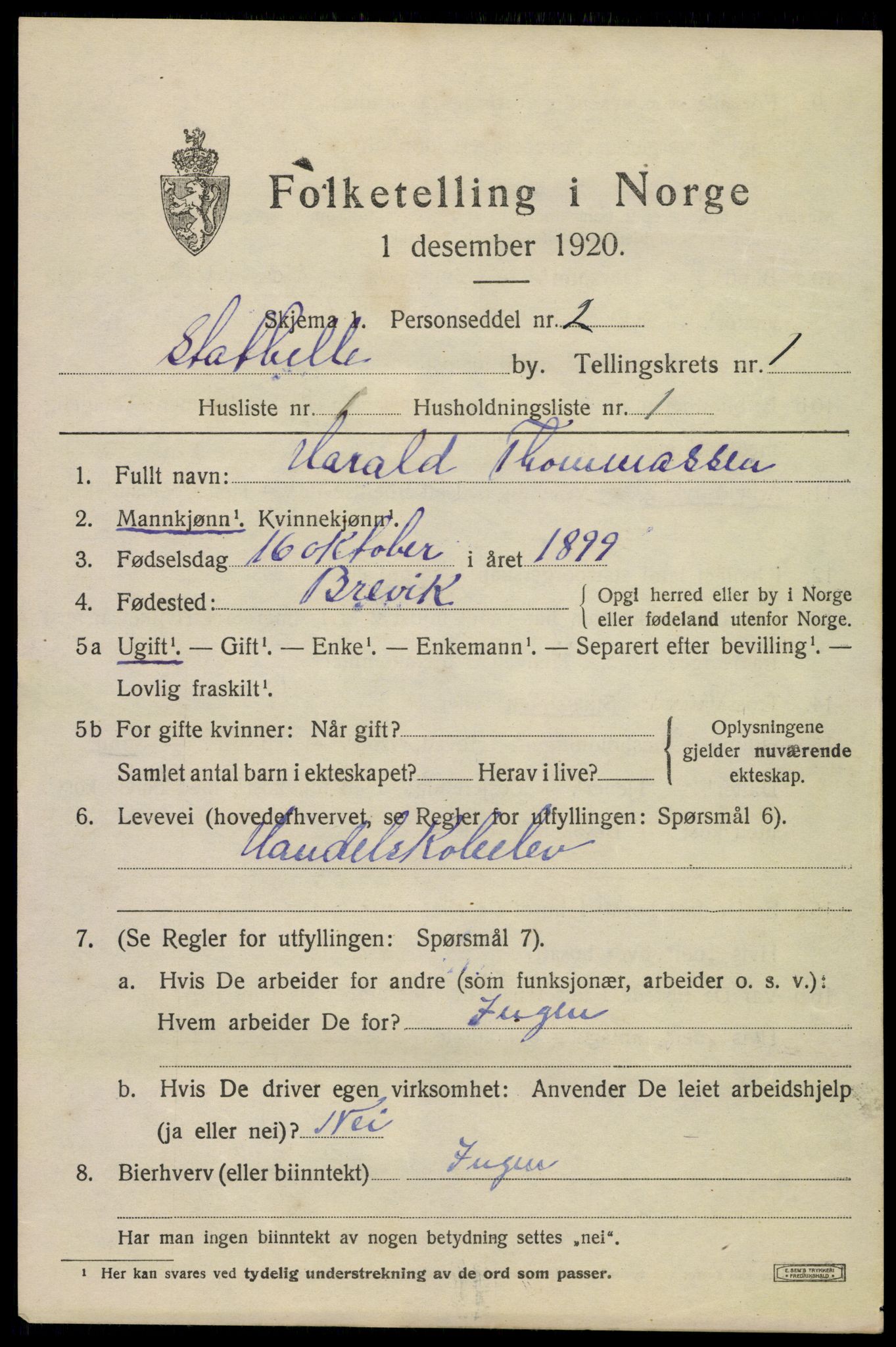 SAKO, 1920 census for Stathelle, 1920, p. 537