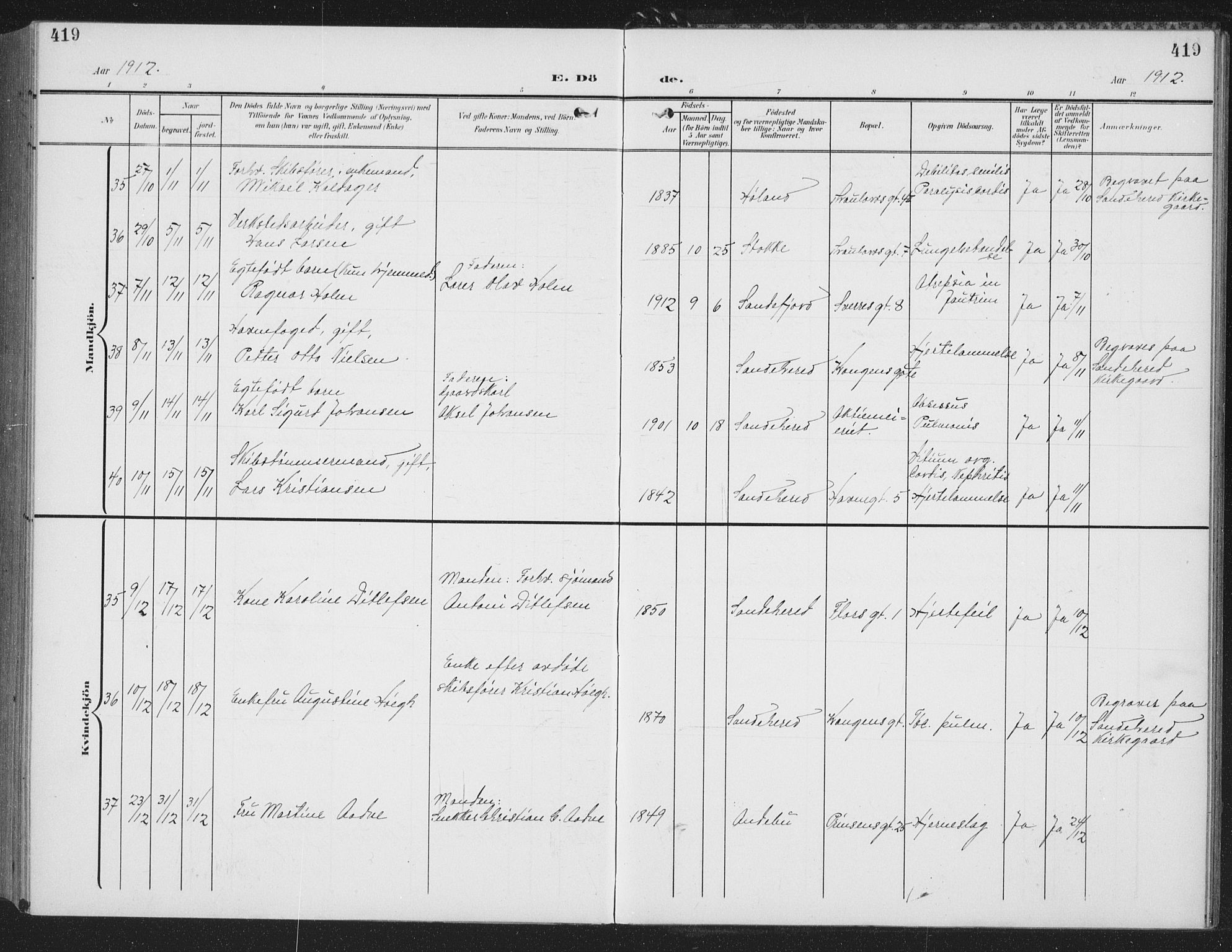 Sandefjord kirkebøker, SAKO/A-315/G/Ga/L0003: Parish register (copy) no. 3, 1903-1920, p. 419