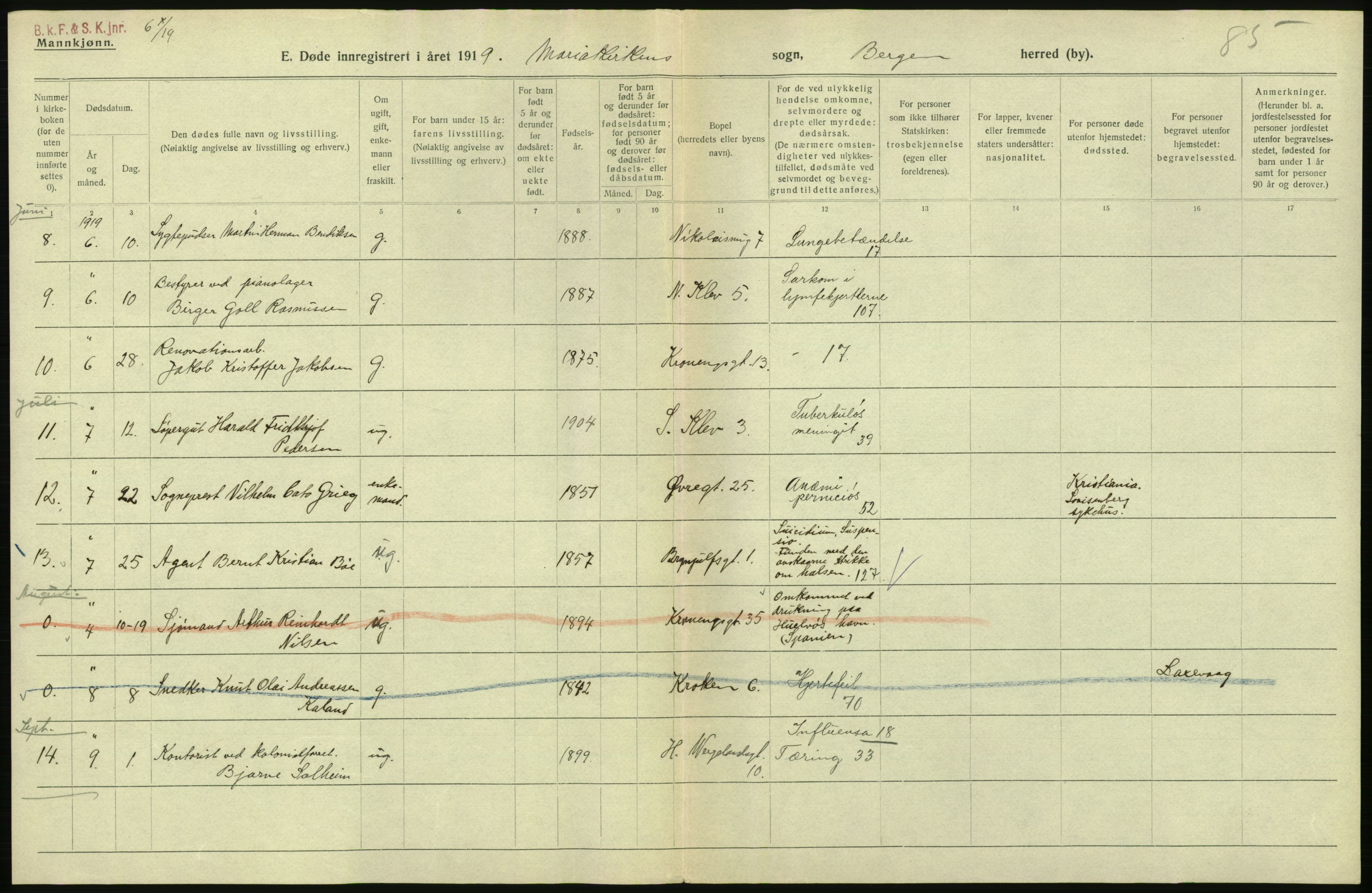 Statistisk sentralbyrå, Sosiodemografiske emner, Befolkning, RA/S-2228/D/Df/Dfb/Dfbi/L0035: Bergen: Gifte, døde, dødfødte., 1919, p. 534