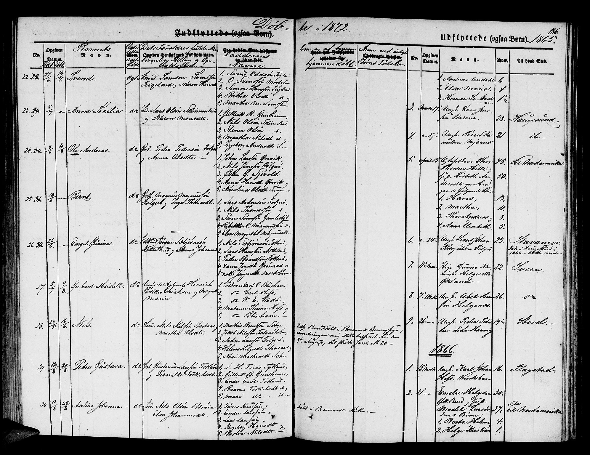 Finnås sokneprestembete, SAB/A-99925/H/Ha/Hab/Haba/L0001: Parish register (copy) no. A 1, 1851-1873, p. 186