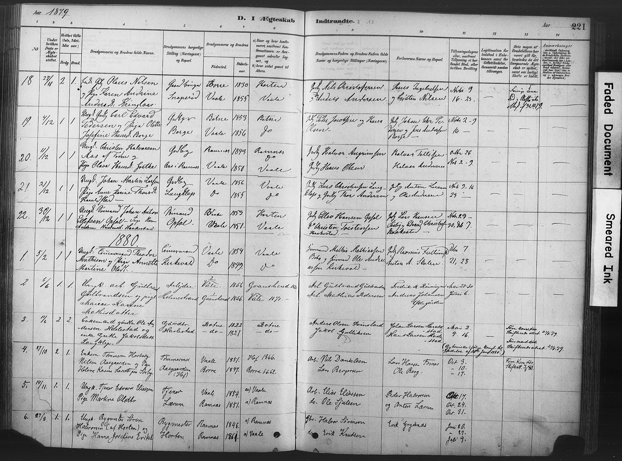 Våle kirkebøker, SAKO/A-334/F/Fa/L0011: Parish register (official) no. I 11, 1878-1906, p. 221