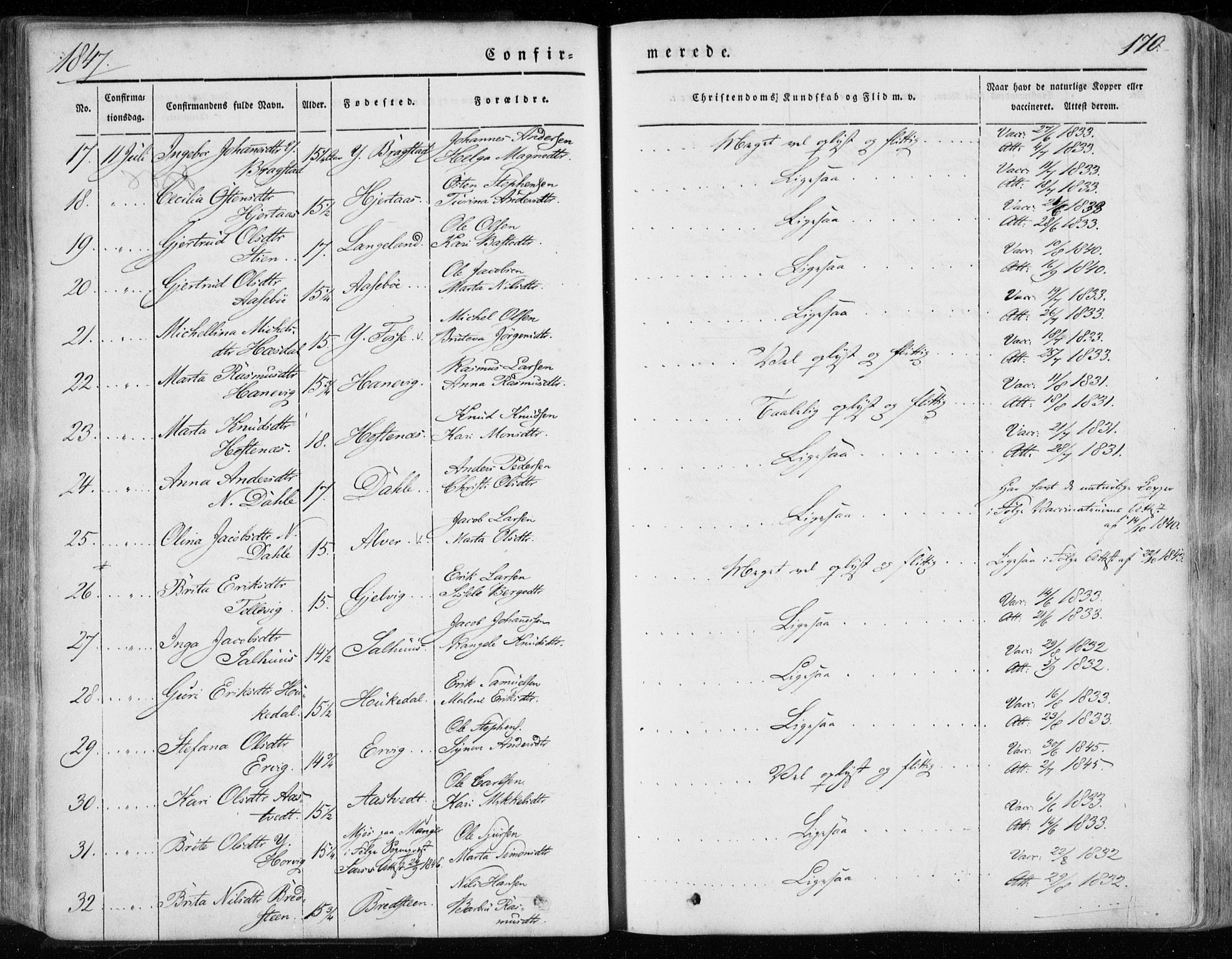 Hamre sokneprestembete, AV/SAB-A-75501/H/Ha/Haa/Haaa/L0013: Parish register (official) no. A 13, 1846-1857, p. 170