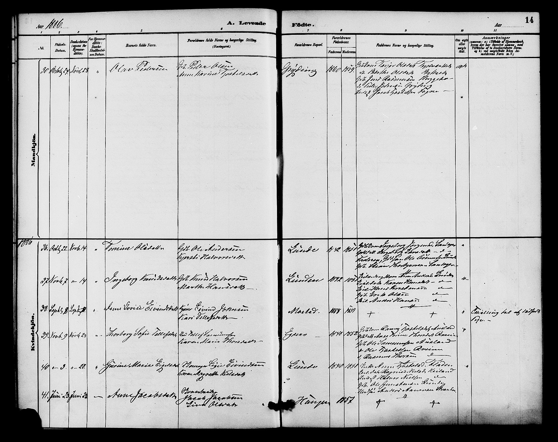 Gjerstad sokneprestkontor, AV/SAK-1111-0014/F/Fa/Faa/L0009: Parish register (official) no. A 9, 1885-1890, p. 14