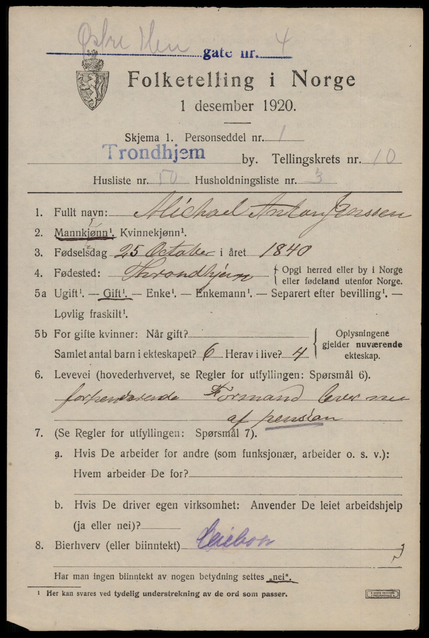 SAT, 1920 census for Trondheim, 1920, p. 46170