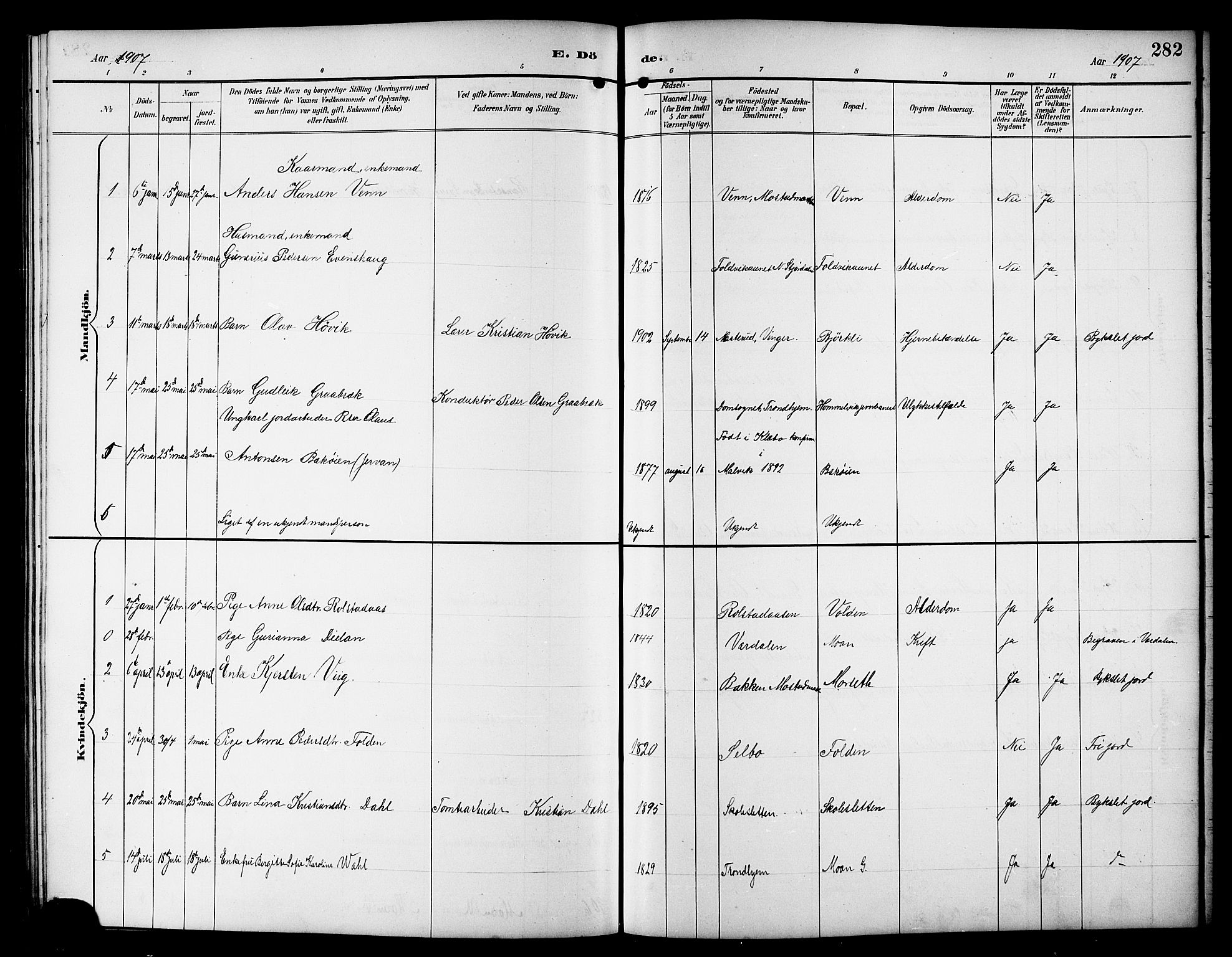 Ministerialprotokoller, klokkerbøker og fødselsregistre - Sør-Trøndelag, SAT/A-1456/617/L0431: Parish register (copy) no. 617C01, 1889-1910, p. 282