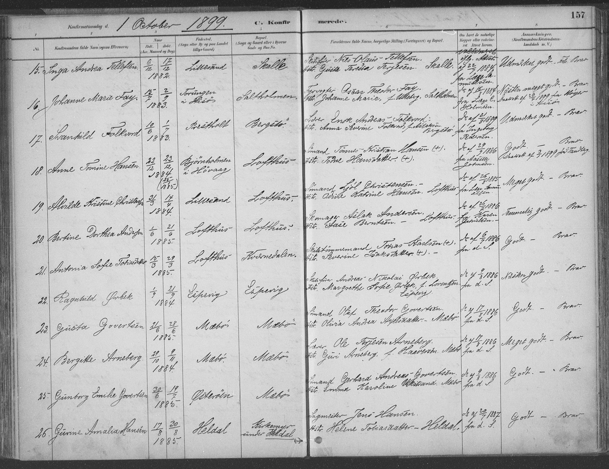 Vestre Moland sokneprestkontor, AV/SAK-1111-0046/F/Fa/Fab/L0009: Parish register (official) no. A 9, 1884-1899, p. 157