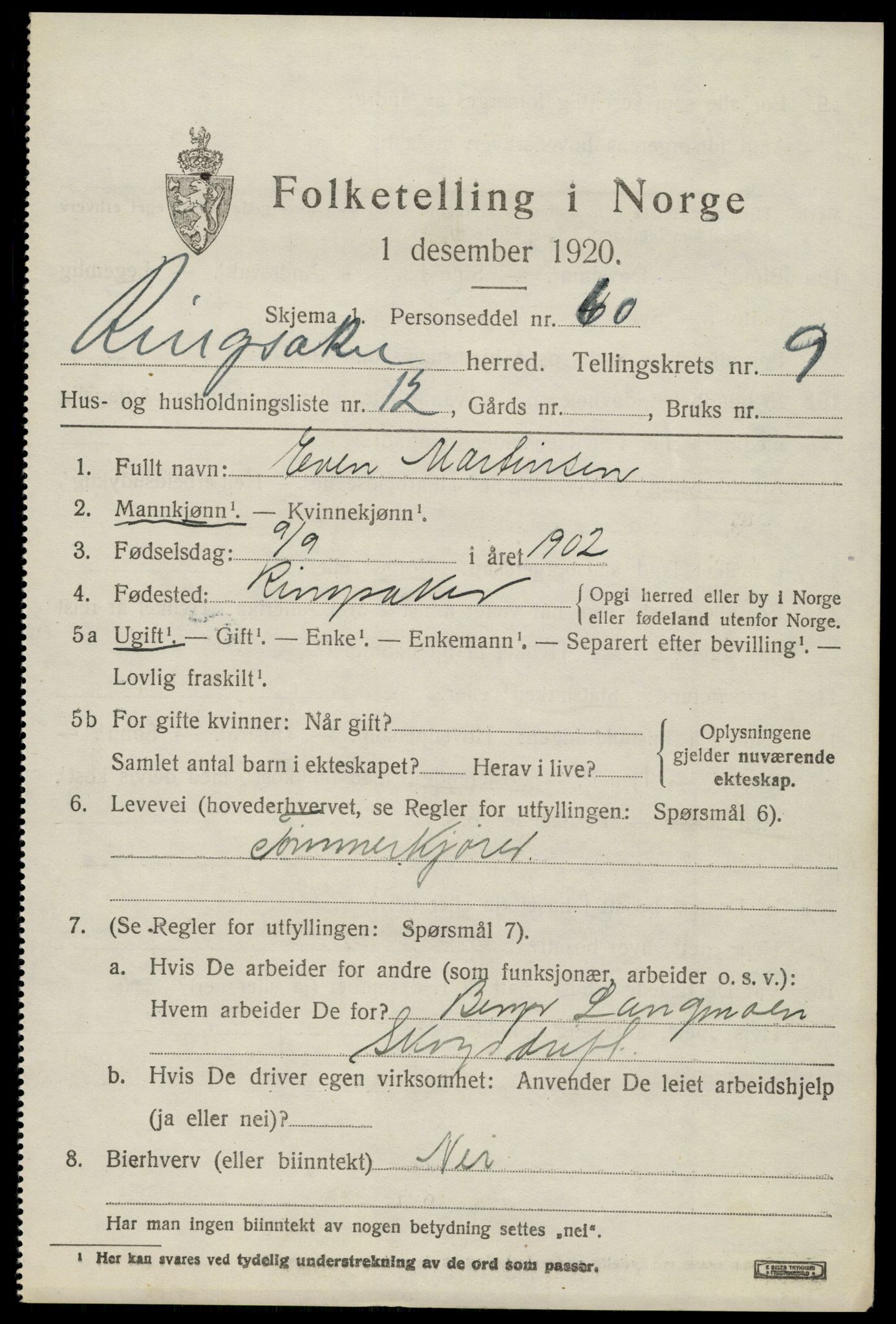 SAH, 1920 census for Ringsaker, 1920, p. 18188