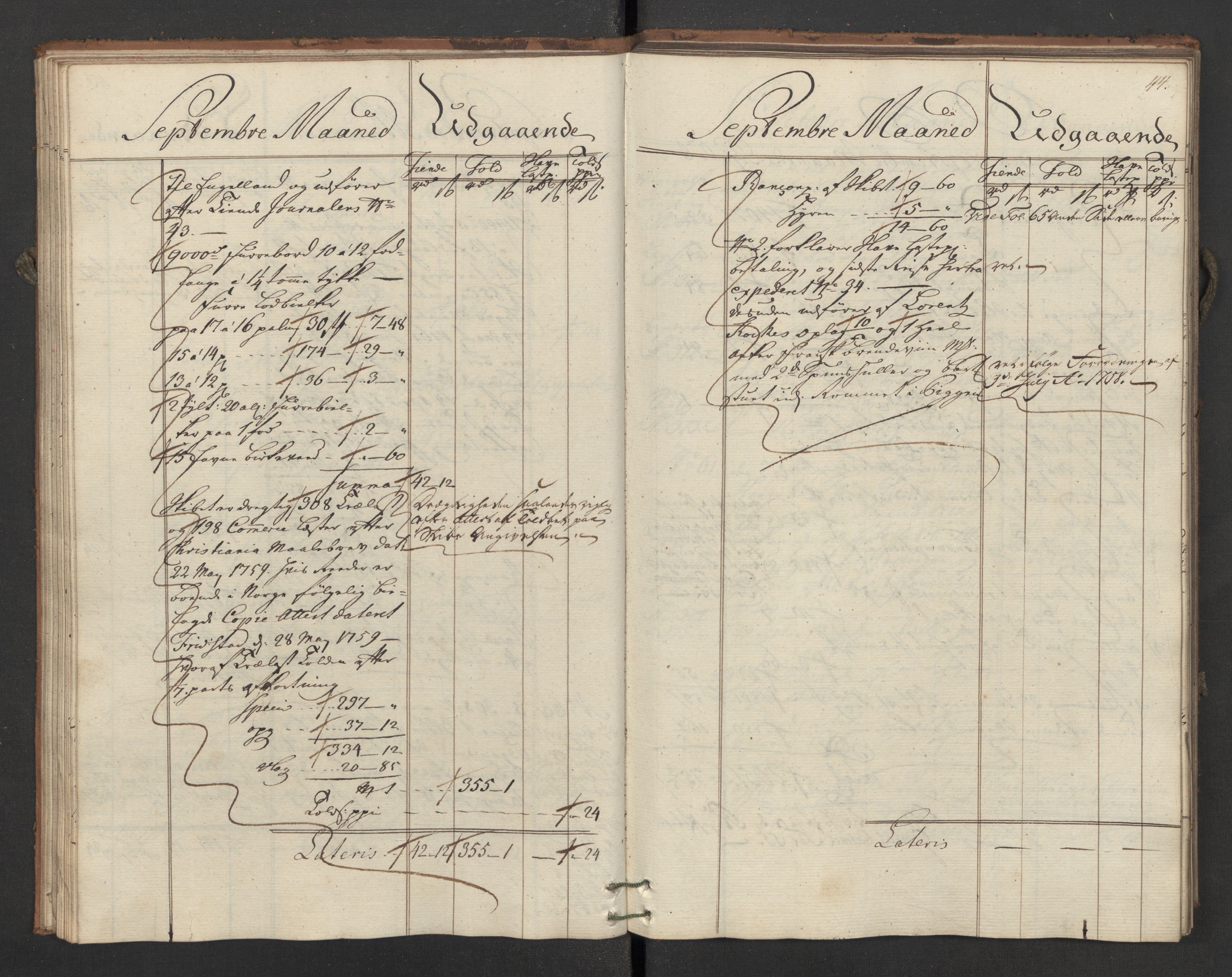 Generaltollkammeret, tollregnskaper, AV/RA-EA-5490/R02/L0035/0001: Tollregnskaper Fredrikstad / Utgående hovedtollbok, 1762, p. 43b-44a