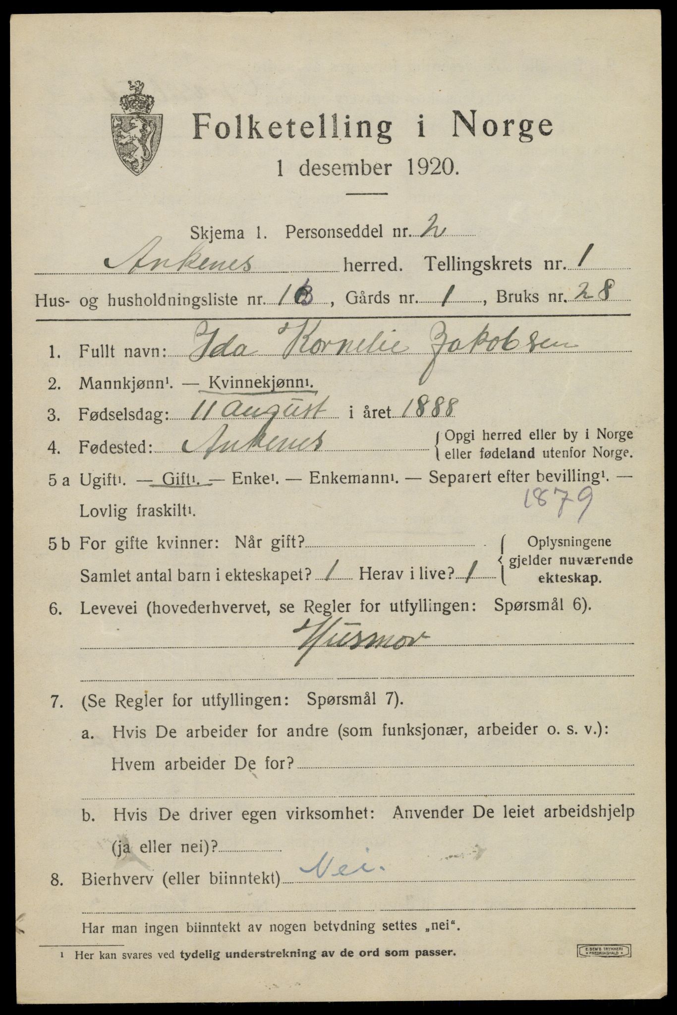 SAT, 1920 census for Ankenes, 1920, p. 1345