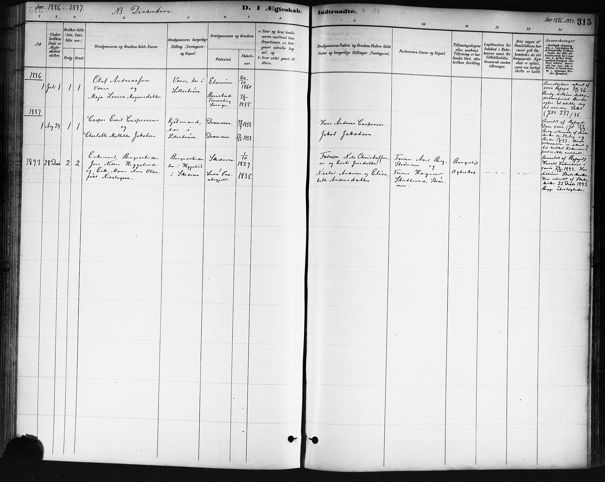 Skedsmo prestekontor Kirkebøker, AV/SAO-A-10033a/G/Ga/L0004: Parish register (copy) no. I 4, 1883-1895, p. 315