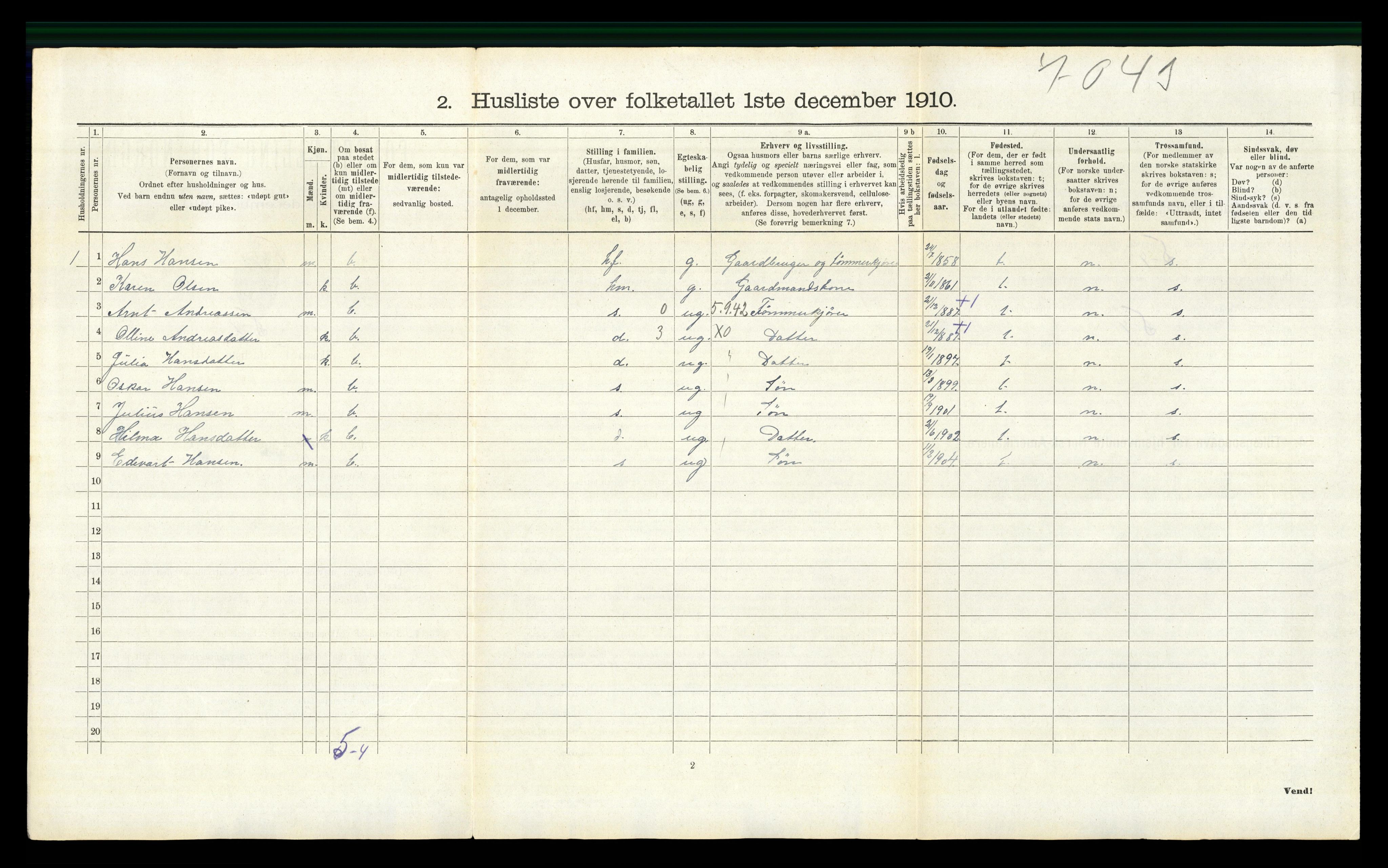 RA, 1910 census for Vinger, 1910, p. 1598