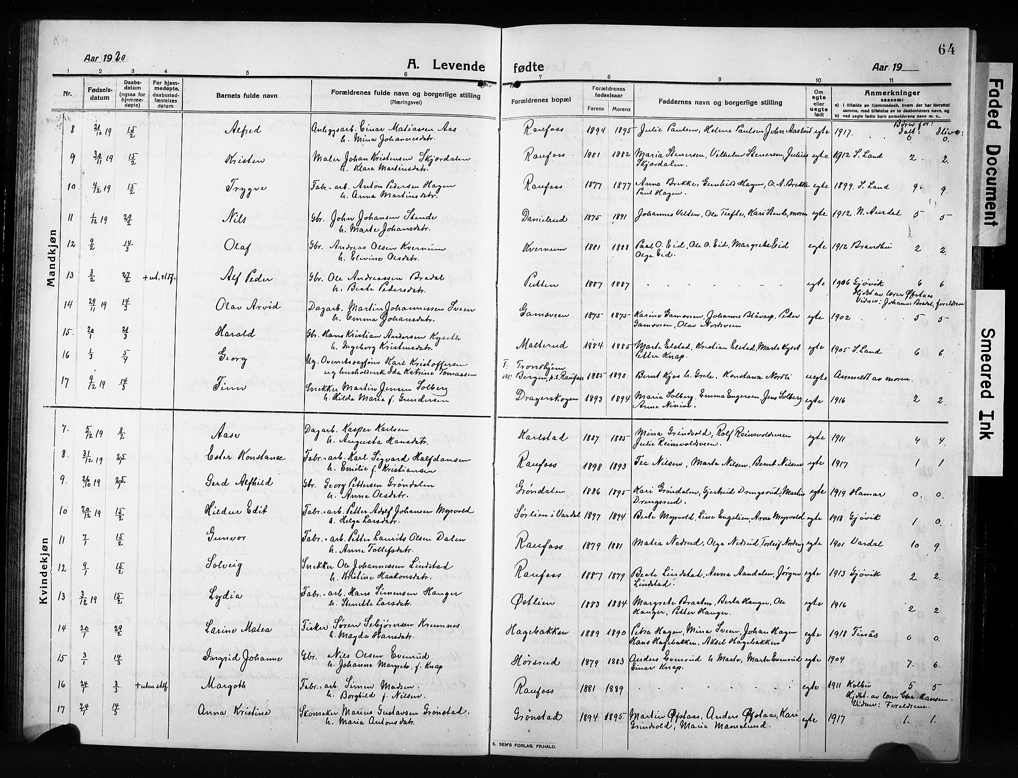 Vestre Toten prestekontor, SAH/PREST-108/H/Ha/Hab/L0012: Parish register (copy) no. 12, 1909-1928, p. 64