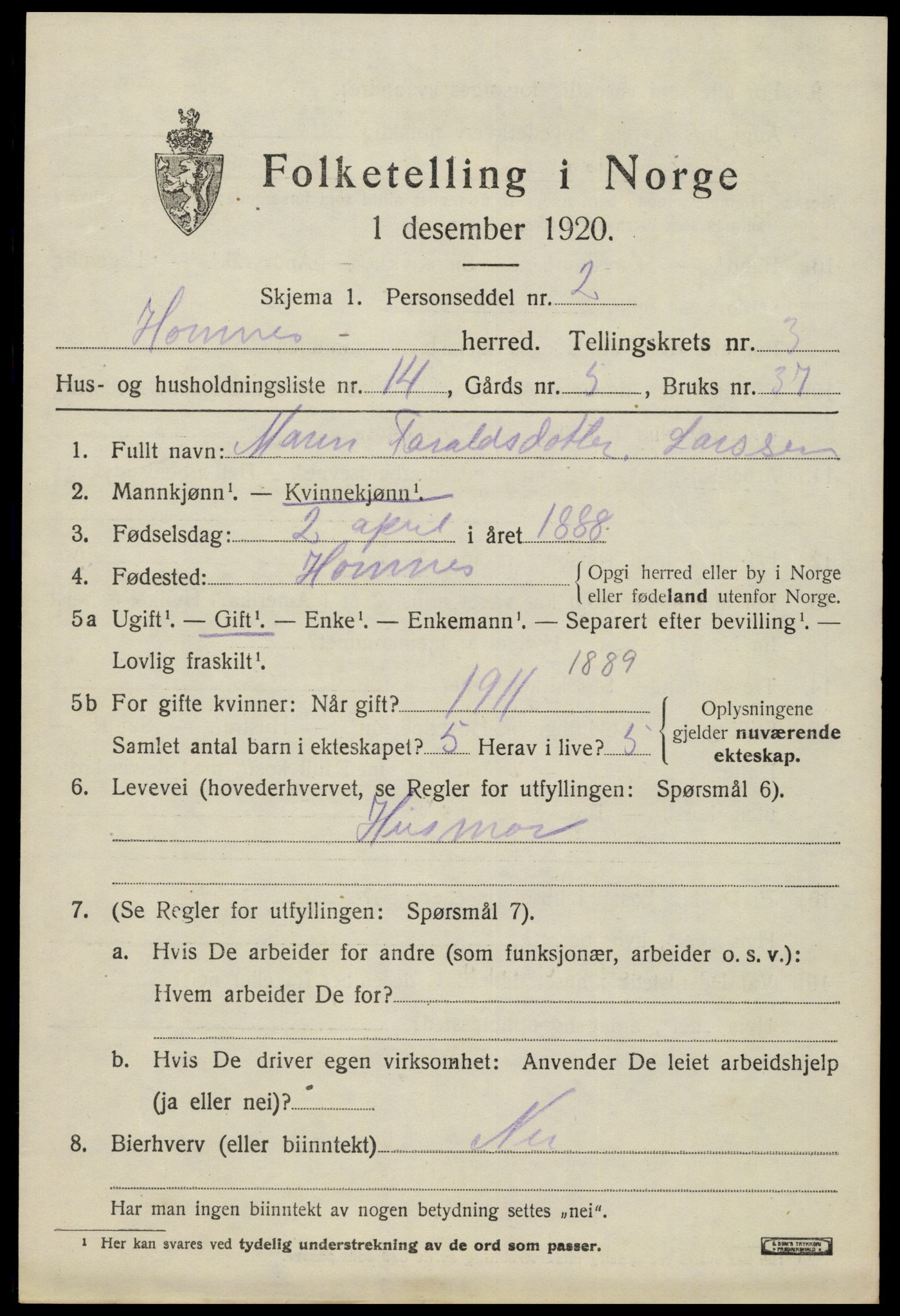 SAK, 1920 census for Hornnes, 1920, p. 965
