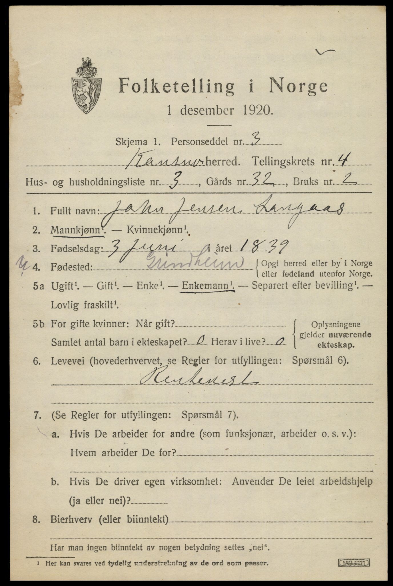 SAK, 1920 census for Konsmo, 1920, p. 1220