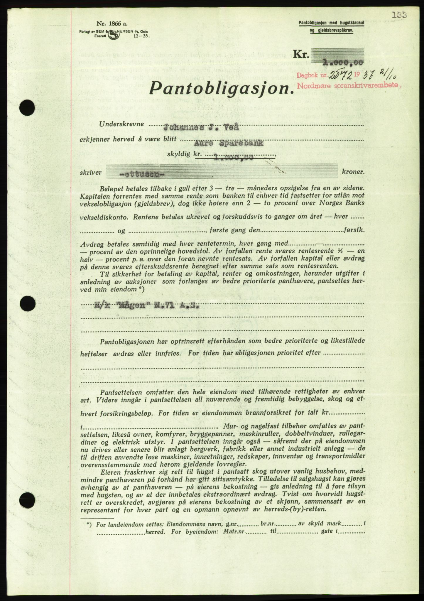 Nordmøre sorenskriveri, AV/SAT-A-4132/1/2/2Ca/L0092: Mortgage book no. B82, 1937-1938, Diary no: : 2572/1937