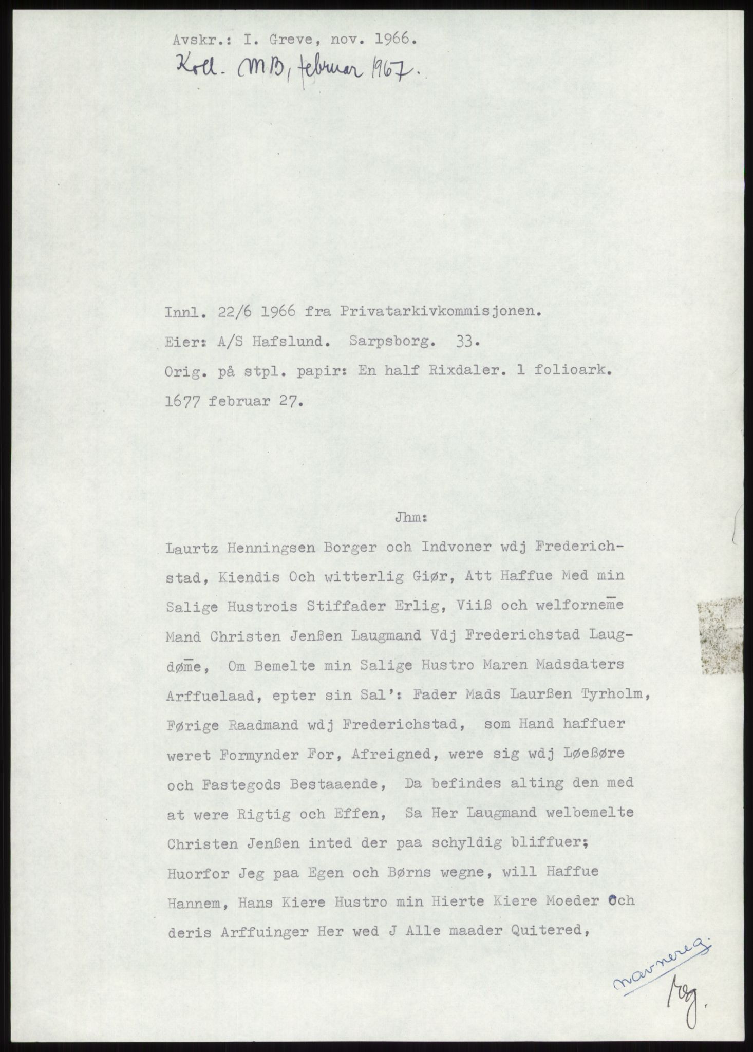 Samlinger til kildeutgivelse, Diplomavskriftsamlingen, RA/EA-4053/H/Ha, p. 259