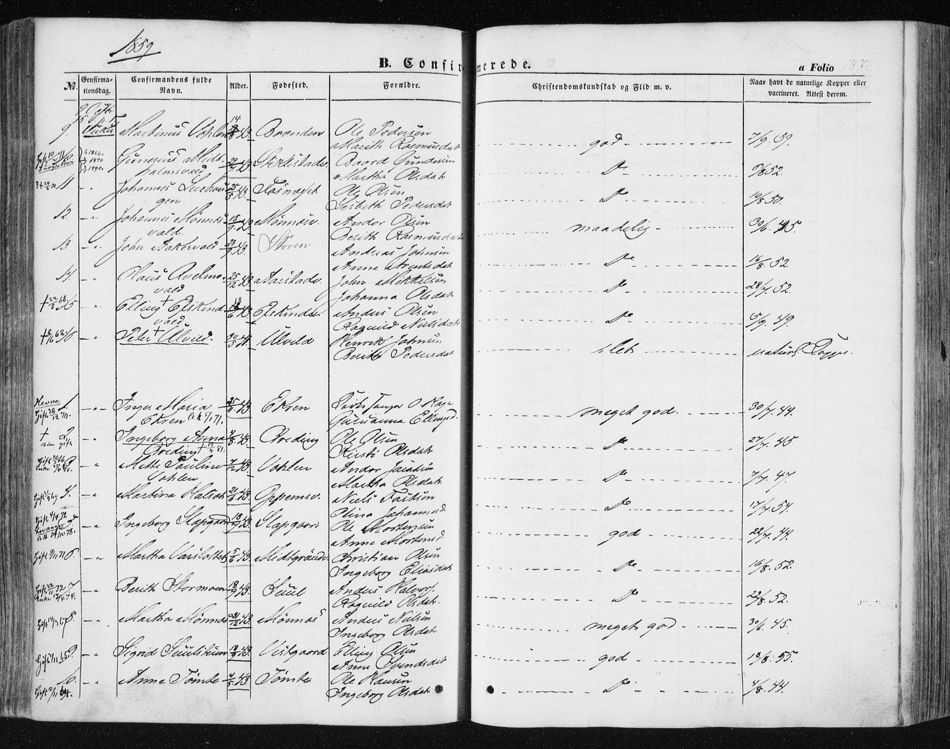 Ministerialprotokoller, klokkerbøker og fødselsregistre - Nord-Trøndelag, AV/SAT-A-1458/723/L0240: Parish register (official) no. 723A09, 1852-1860, p. 187