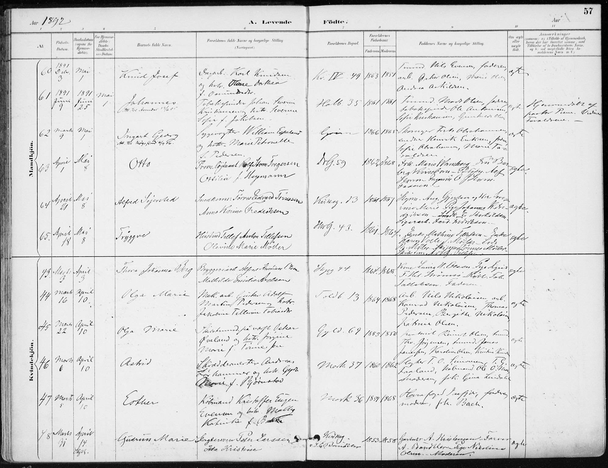 Kristiansand domprosti, SAK/1112-0006/F/Fa/L0019: Parish register (official) no. A 18, 1890-1897, p. 57