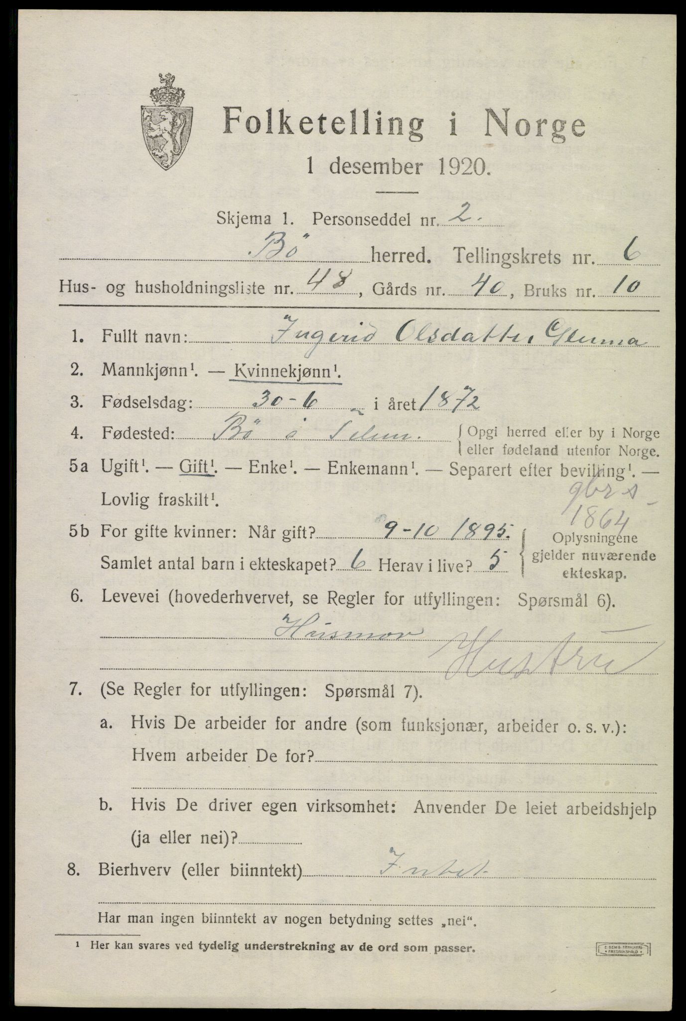 SAKO, 1920 census for Bø (Telemark), 1920, p. 4922