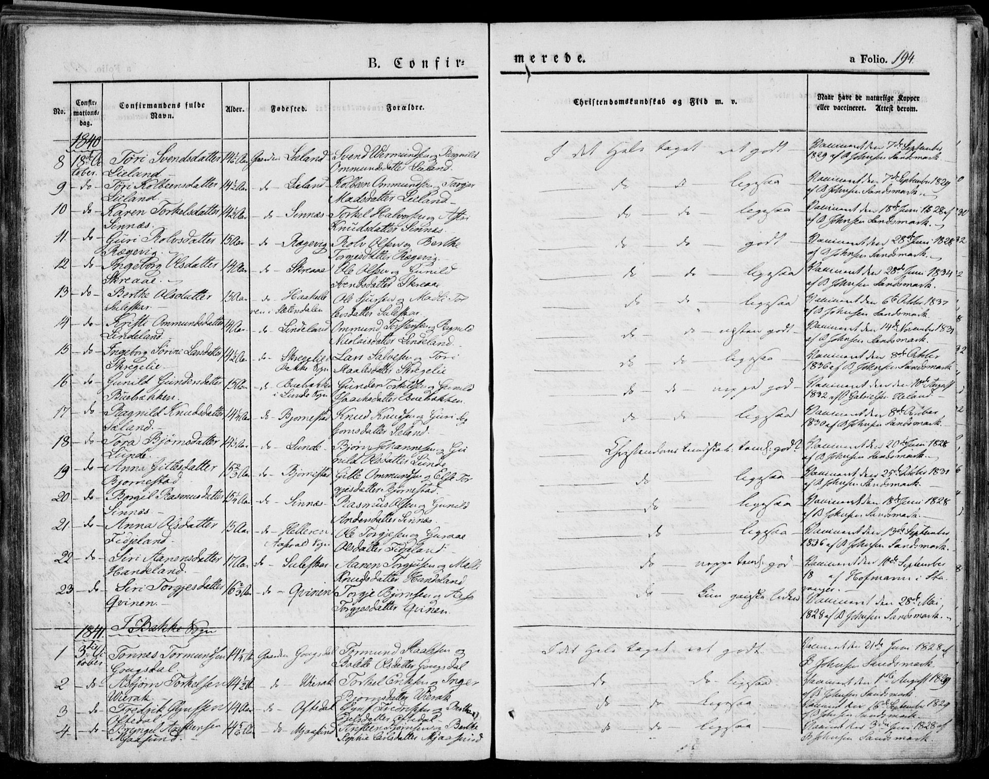 Bakke sokneprestkontor, SAK/1111-0002/F/Fa/Faa/L0004: Parish register (official) no. A 4, 1834-1846, p. 194