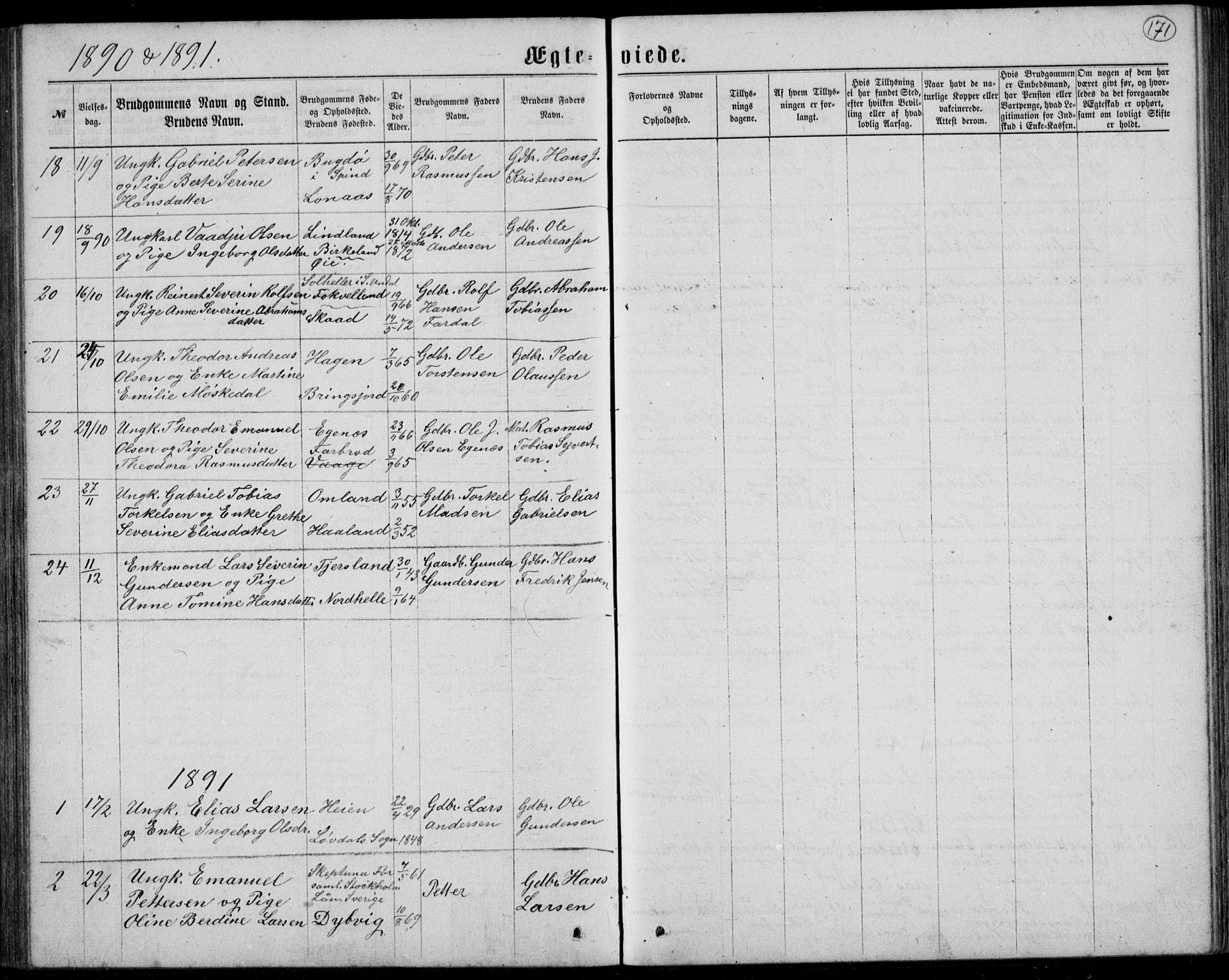 Lyngdal sokneprestkontor, AV/SAK-1111-0029/F/Fb/Fbc/L0004: Parish register (copy) no. B 4, 1878-1896, p. 171