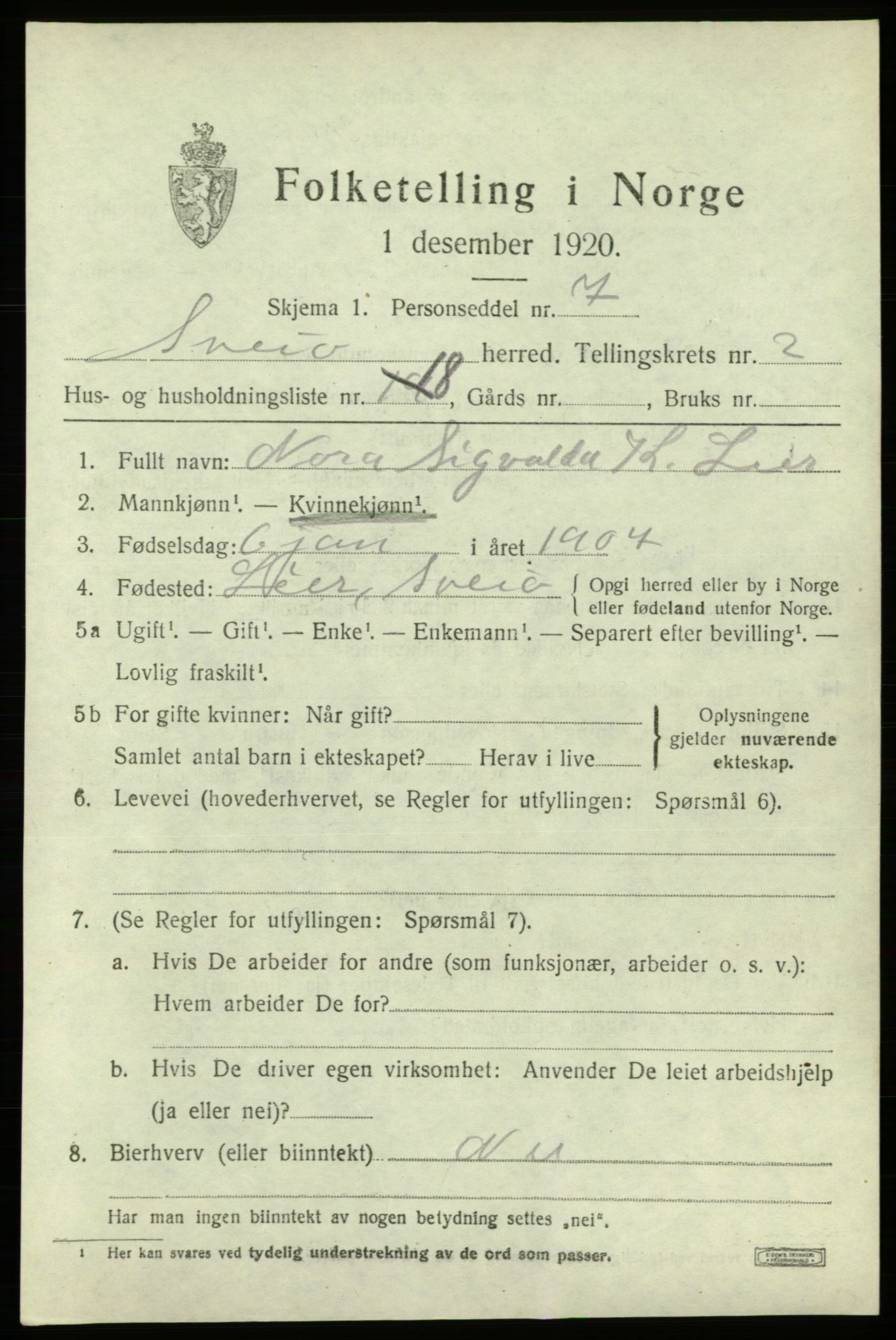 SAB, 1920 census for Sveio, 1920, p. 1502