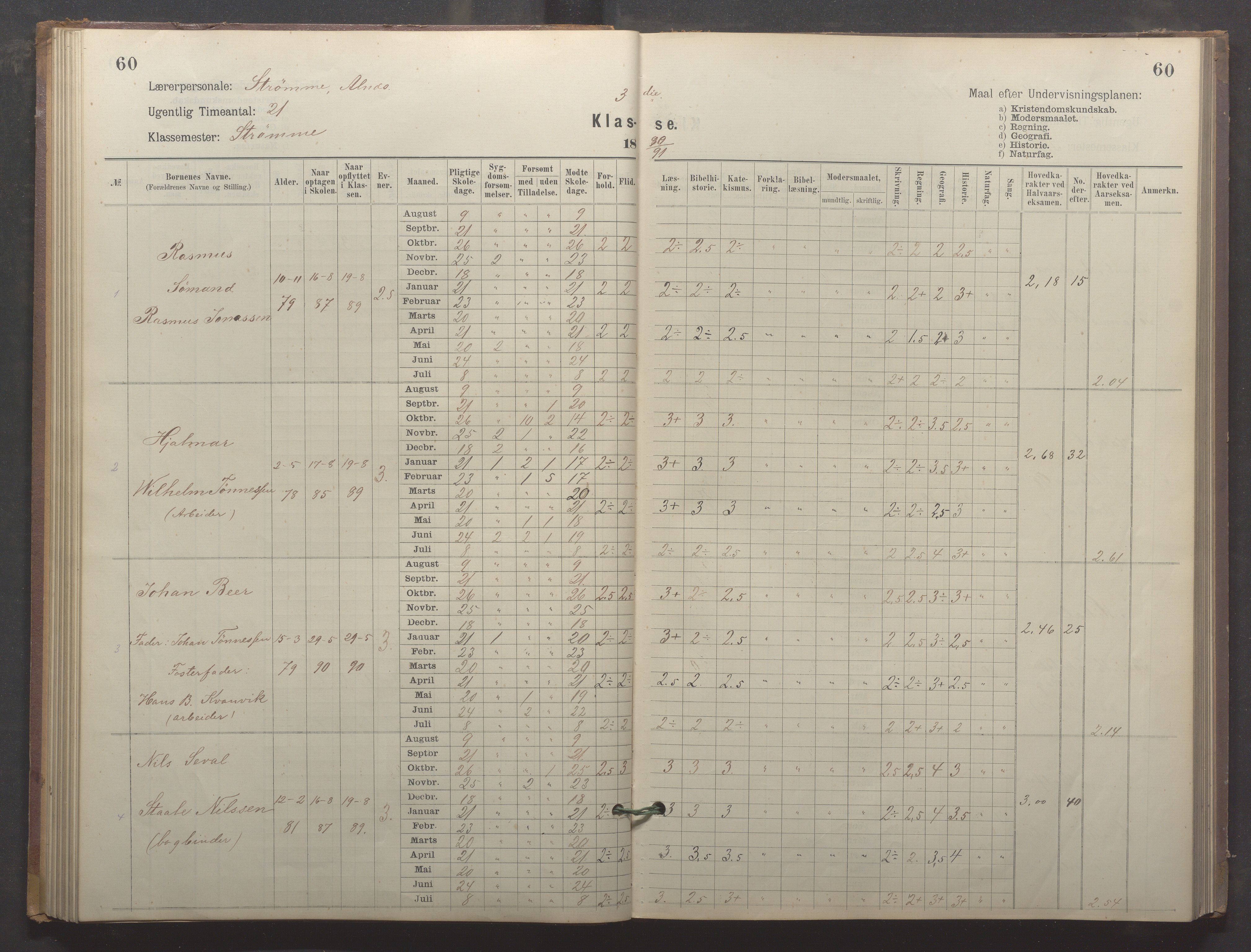 Egersund kommune (Ladested) - Egersund almueskole/folkeskole, IKAR/K-100521/H/L0024: Skoleprotokoll - Almueskolen, 3. klasse, 1887-1892, p. 60