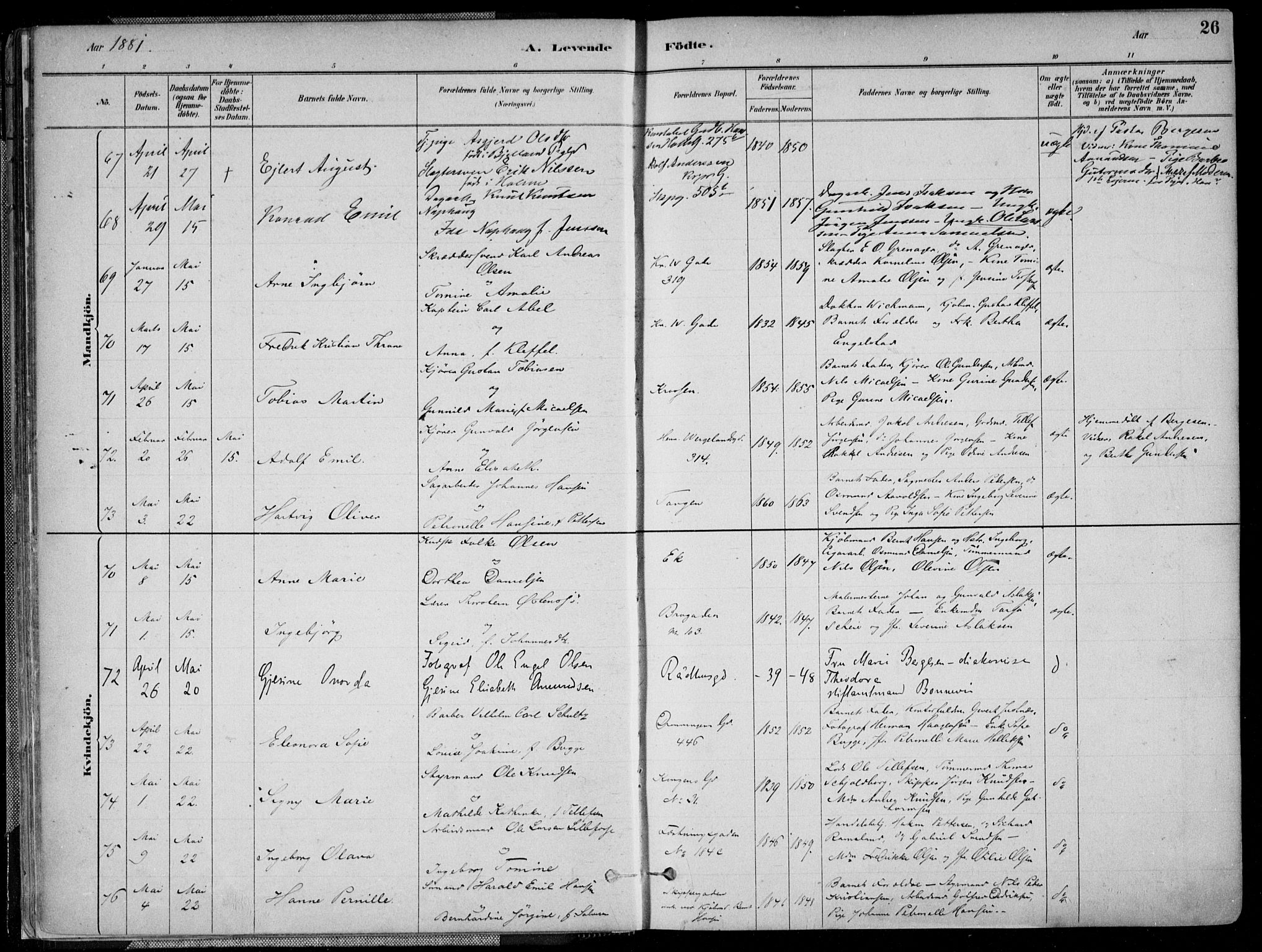 Kristiansand domprosti, SAK/1112-0006/F/Fa/L0016: Parish register (official) no. A 16A, 1880-1890, p. 26
