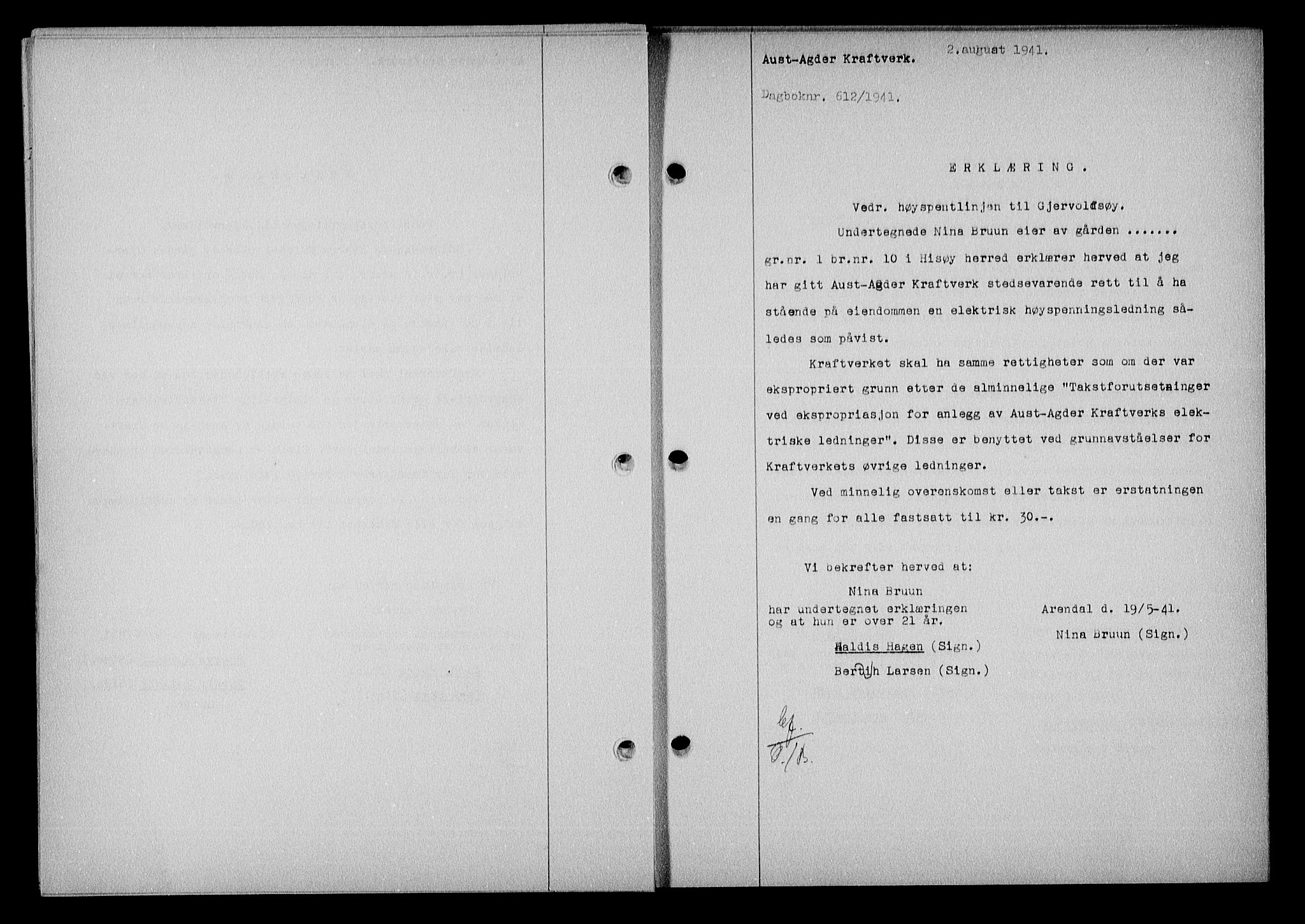 Nedenes sorenskriveri, SAK/1221-0006/G/Gb/Gba/L0048: Mortgage book no. A-II, 1940-1941, Diary no: : 612/1941