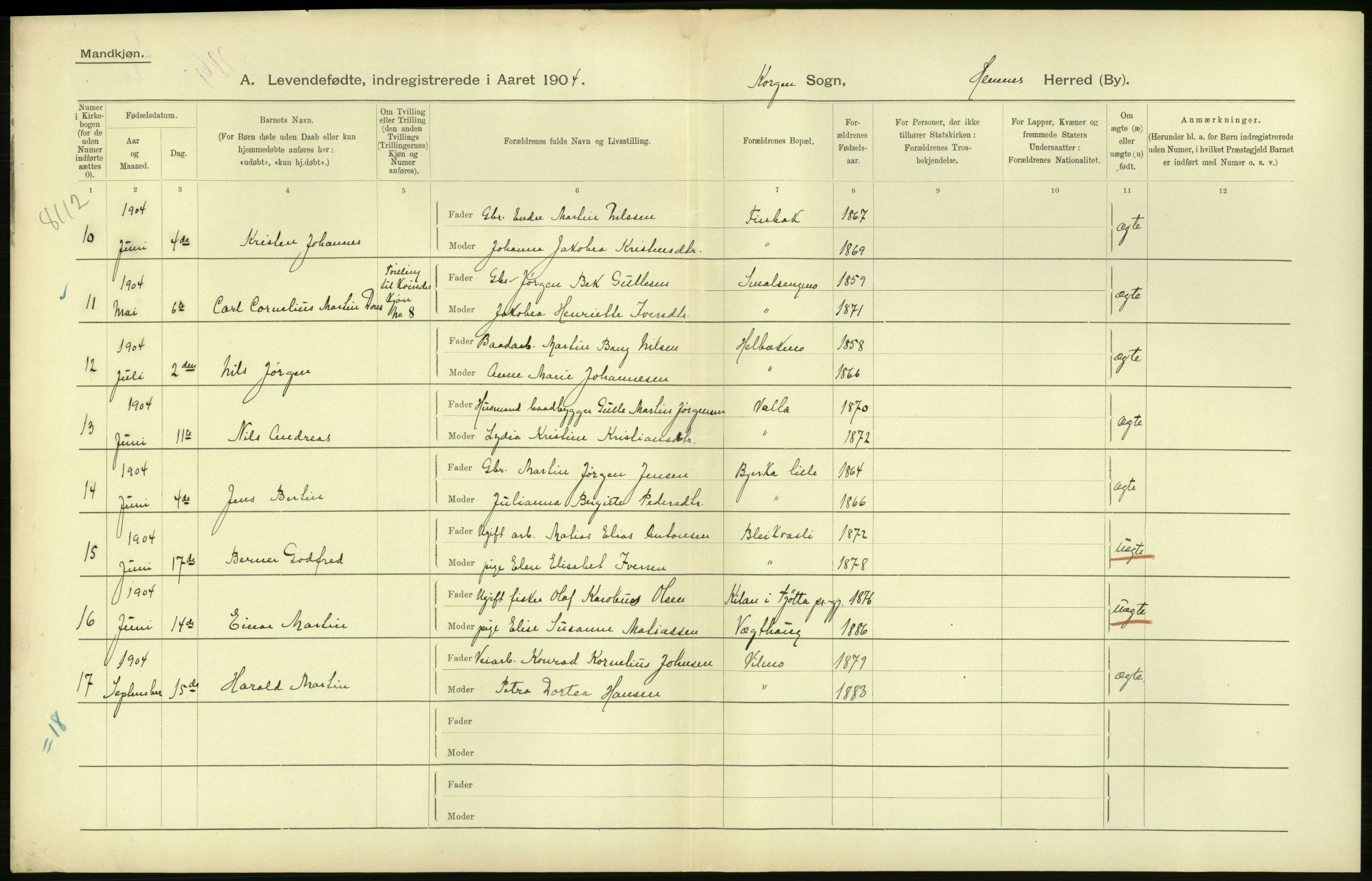 Statistisk sentralbyrå, Sosiodemografiske emner, Befolkning, AV/RA-S-2228/D/Df/Dfa/Dfab/L0020: Nordlands amt: Fødte. Bygder, 1904, p. 20