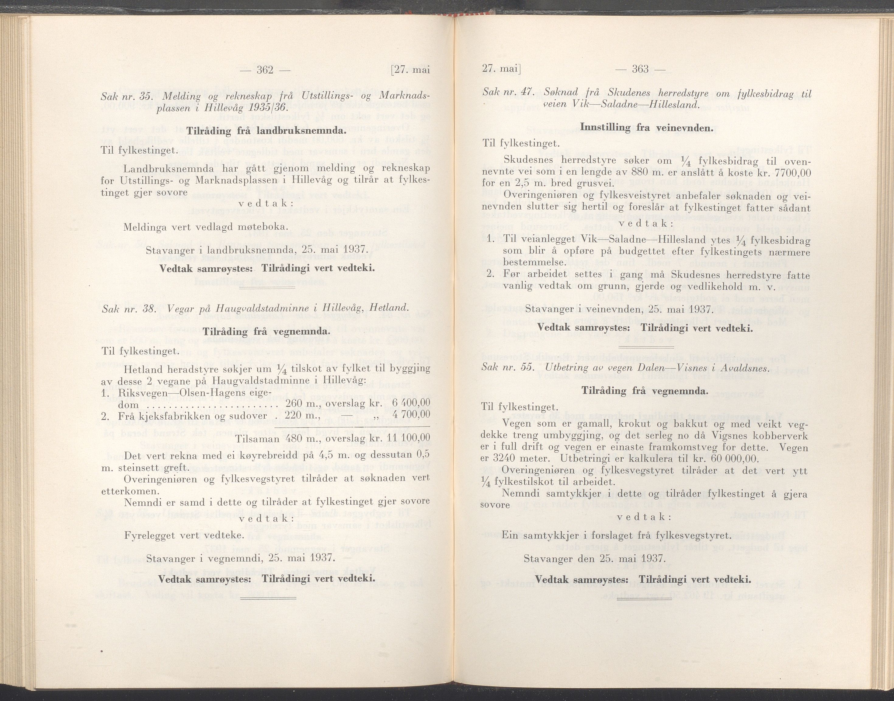 Rogaland fylkeskommune - Fylkesrådmannen , IKAR/A-900/A/Aa/Aaa/L0056: Møtebok , 1937, p. 362-363