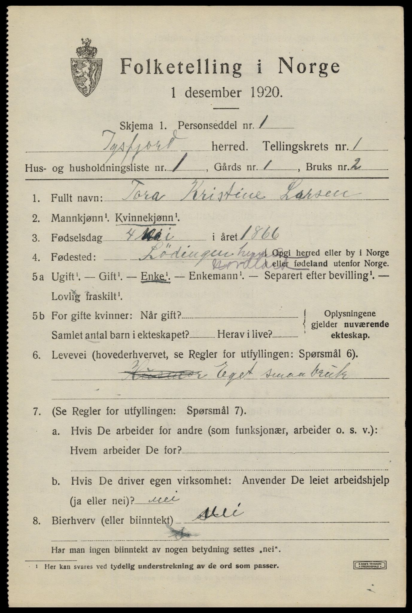 SAT, 1920 census for Tysfjord, 1920, p. 941