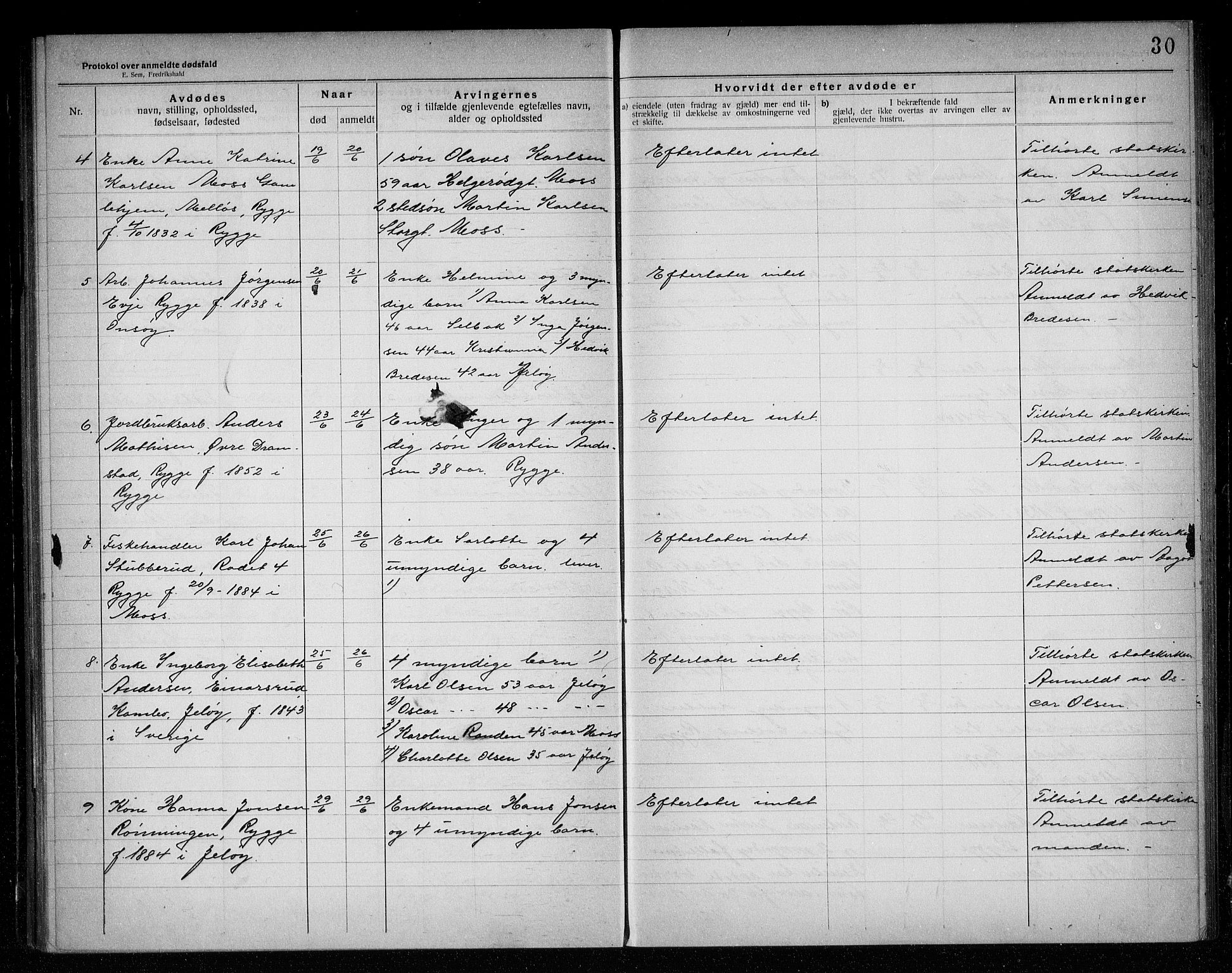 Rygge lensmannskontor, AV/SAO-A-10005/H/Ha/Haa/L0007: Dødsfallsprotokoll, 1920-1925, p. 30