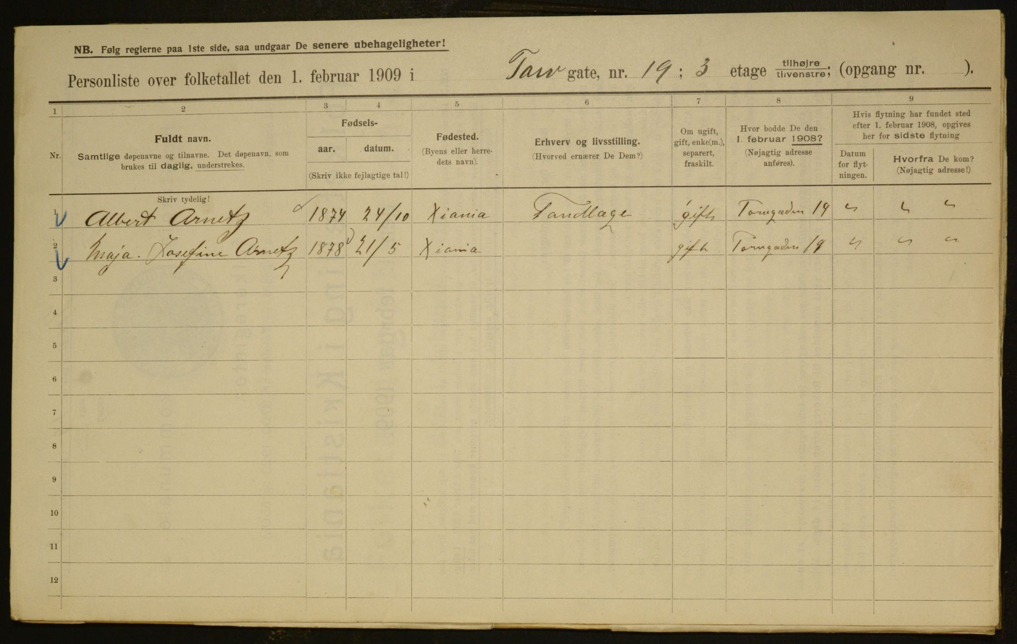 OBA, Municipal Census 1909 for Kristiania, 1909, p. 103451