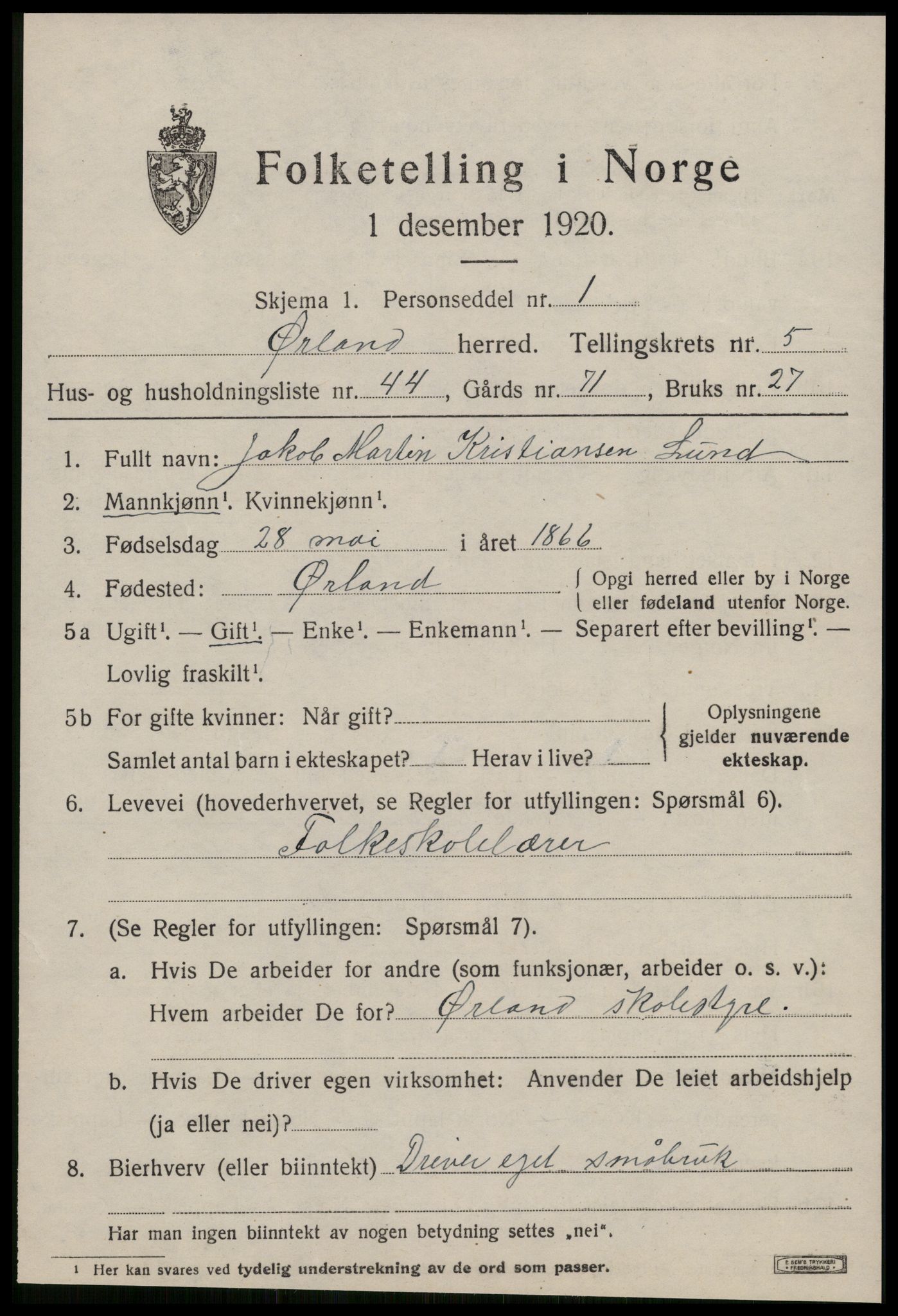 SAT, 1920 census for Ørland, 1920, p. 4925