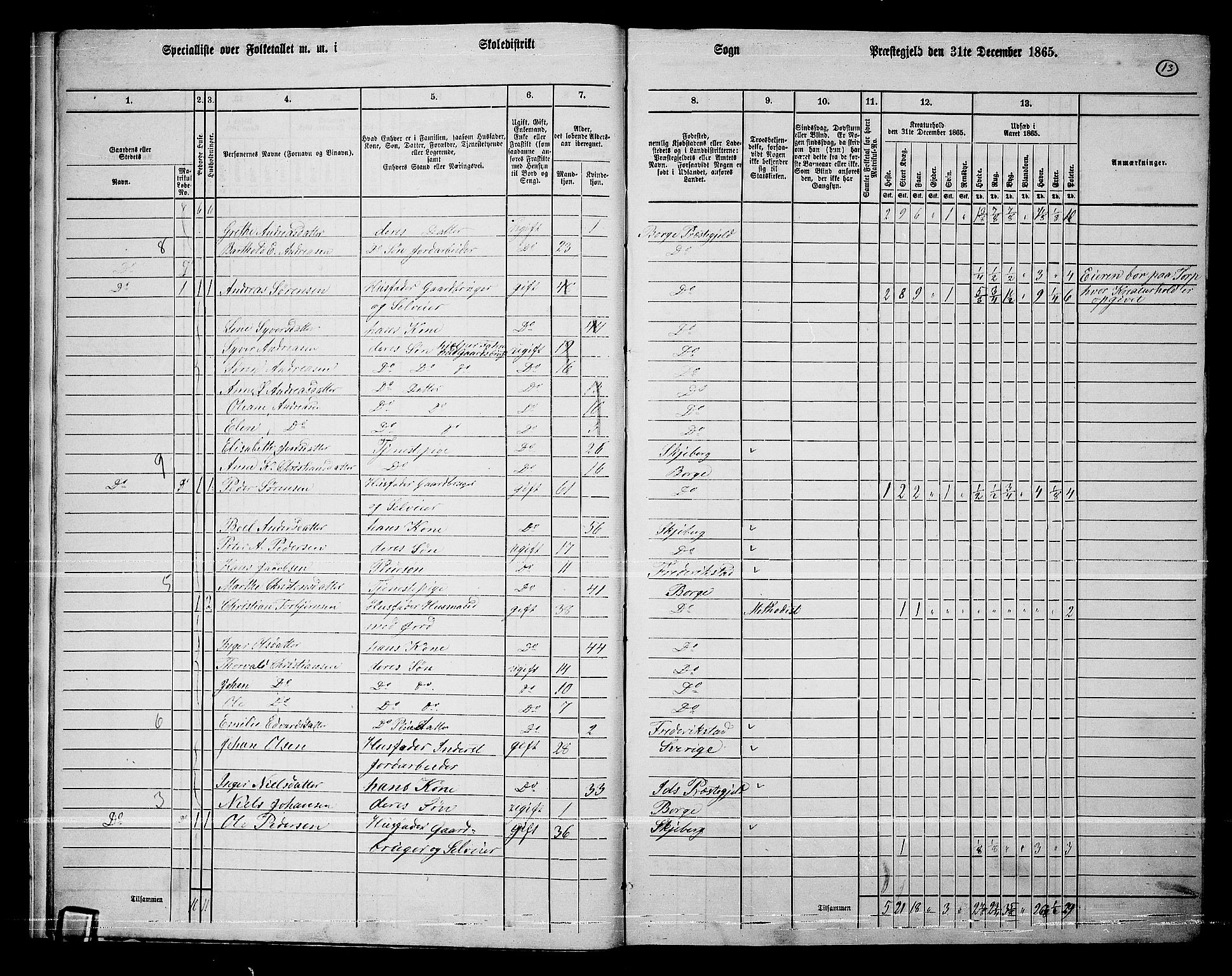 RA, 1865 census for Borge, 1865, p. 13