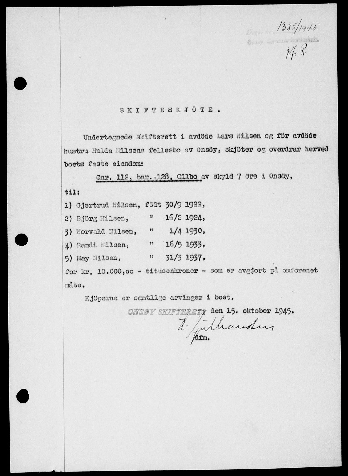Onsøy sorenskriveri, SAO/A-10474/G/Ga/Gab/L0015: Mortgage book no. II A-15, 1945-1946, Diary no: : 1385/1945