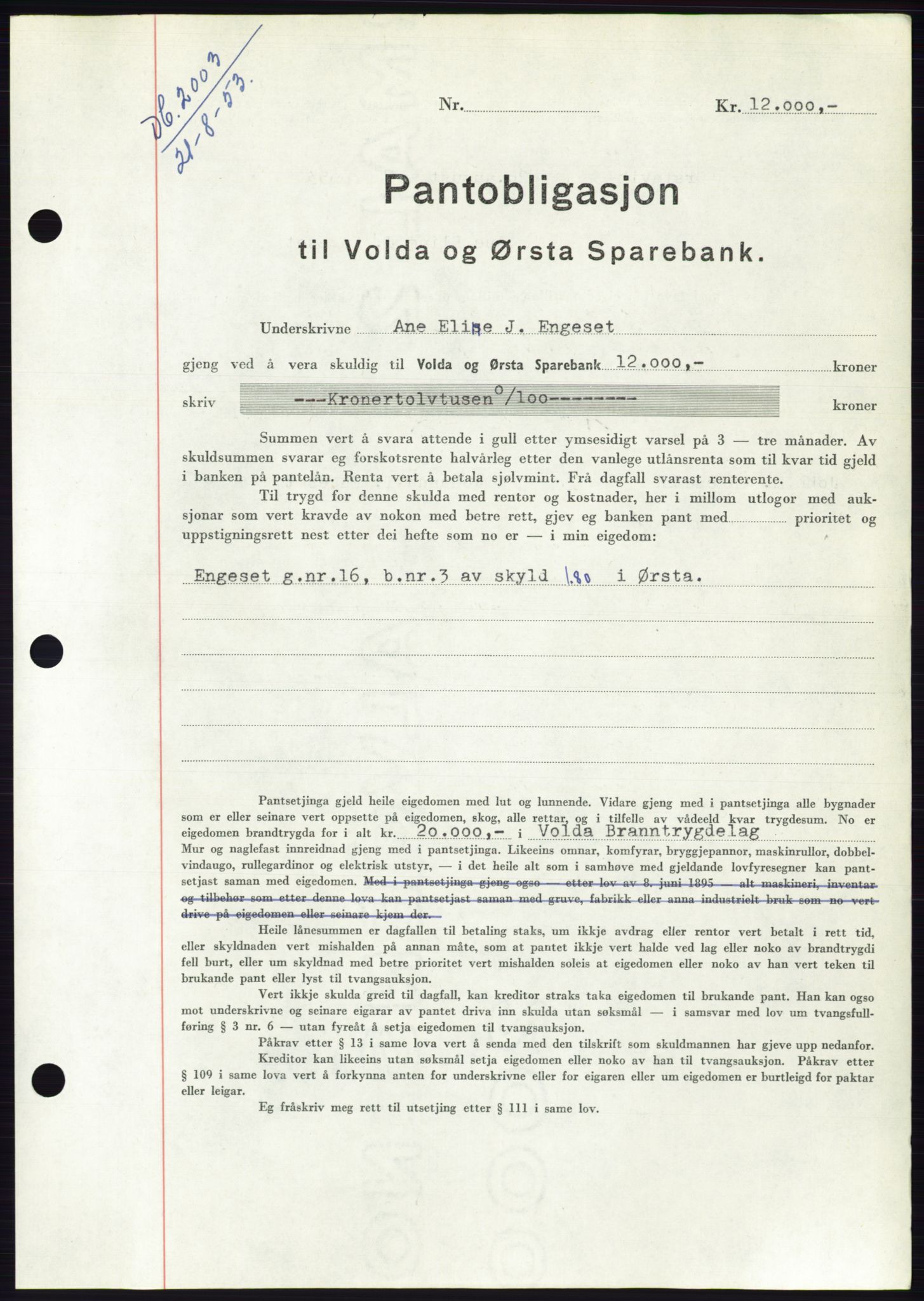 Søre Sunnmøre sorenskriveri, AV/SAT-A-4122/1/2/2C/L0123: Mortgage book no. 11B, 1953-1953, Diary no: : 2003/1953