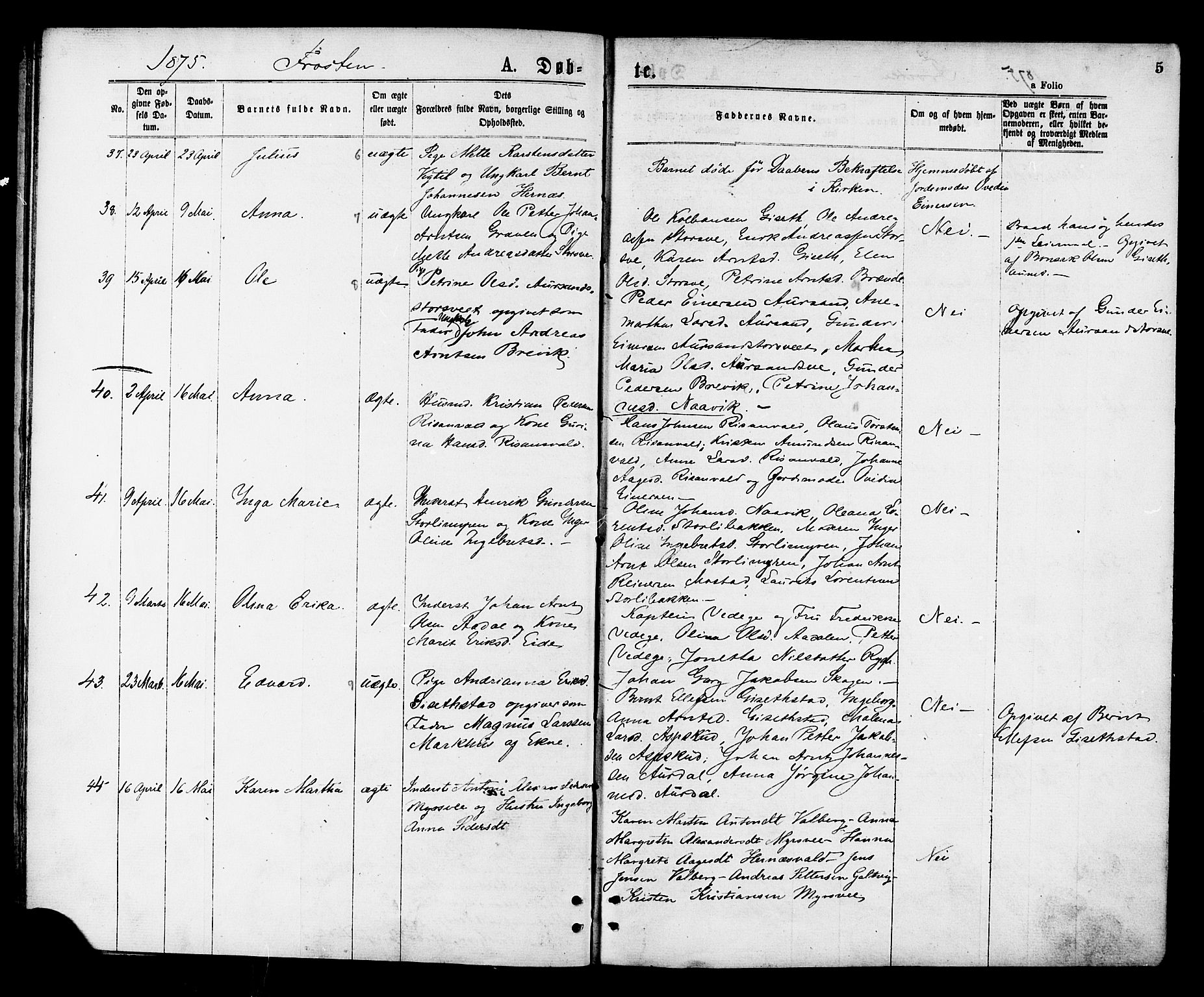 Ministerialprotokoller, klokkerbøker og fødselsregistre - Nord-Trøndelag, AV/SAT-A-1458/713/L0118: Parish register (official) no. 713A08 /1, 1875-1877, p. 5