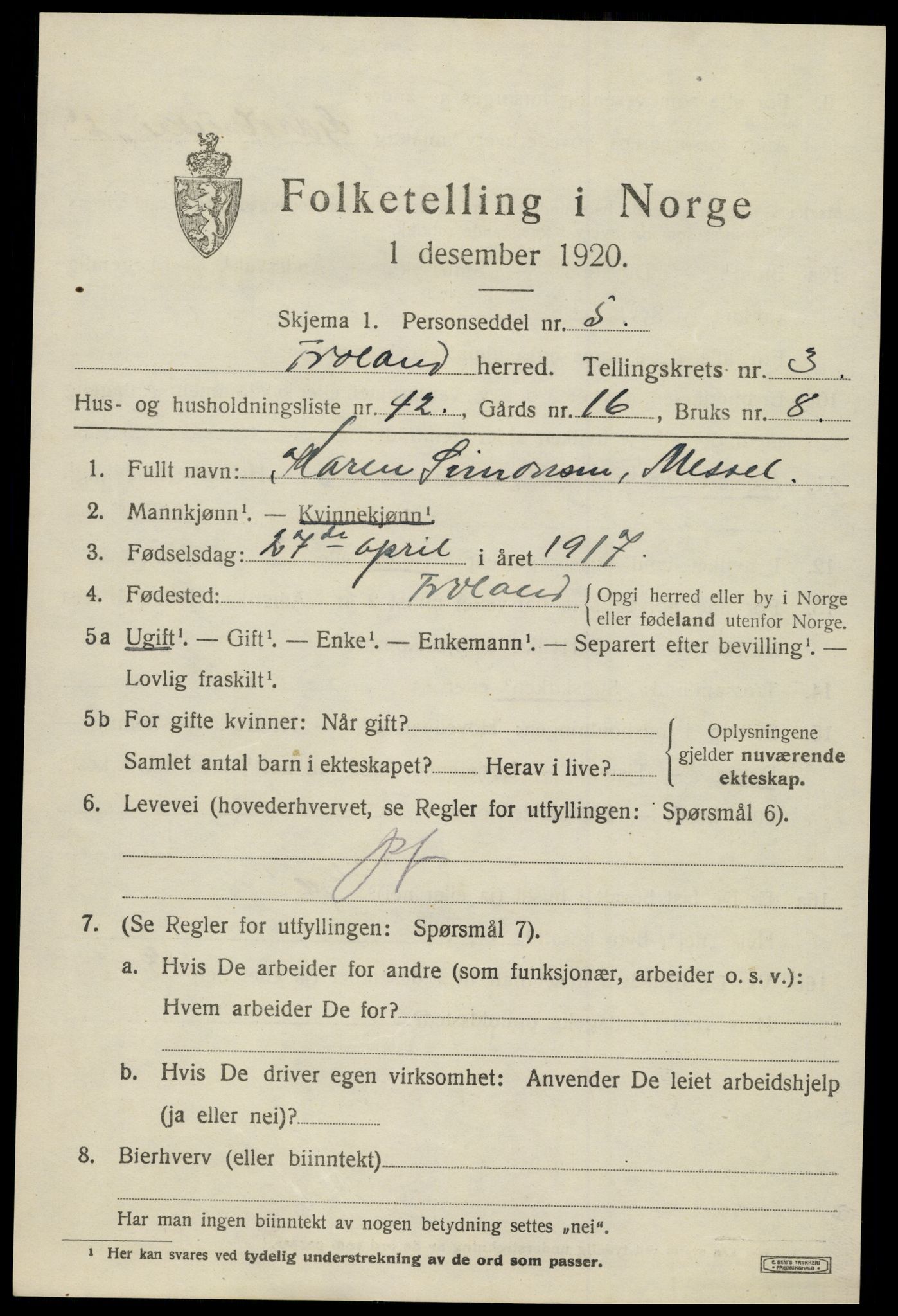 SAK, 1920 census for Froland, 1920, p. 3139