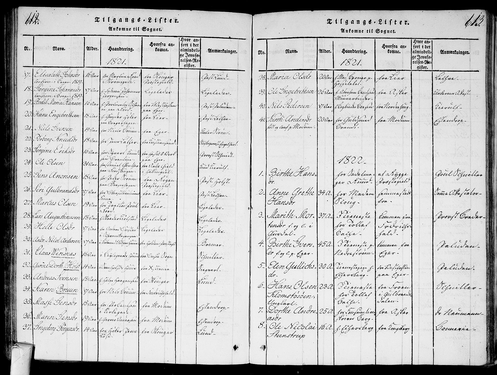 Bragernes kirkebøker, SAKO/A-6/G/Ga/L0001: Parish register (copy) no. 1, 1815-1829, p. 612-613
