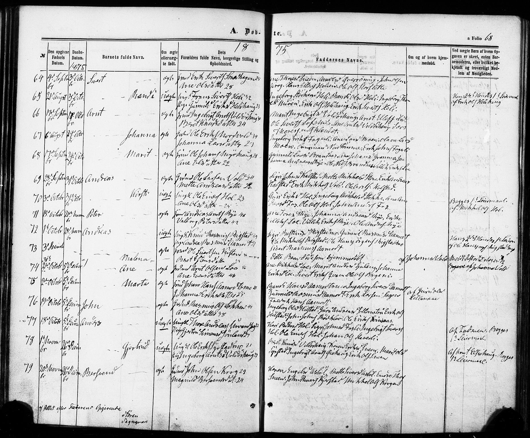 Ministerialprotokoller, klokkerbøker og fødselsregistre - Sør-Trøndelag, SAT/A-1456/672/L0856: Parish register (official) no. 672A08, 1861-1881, p. 68