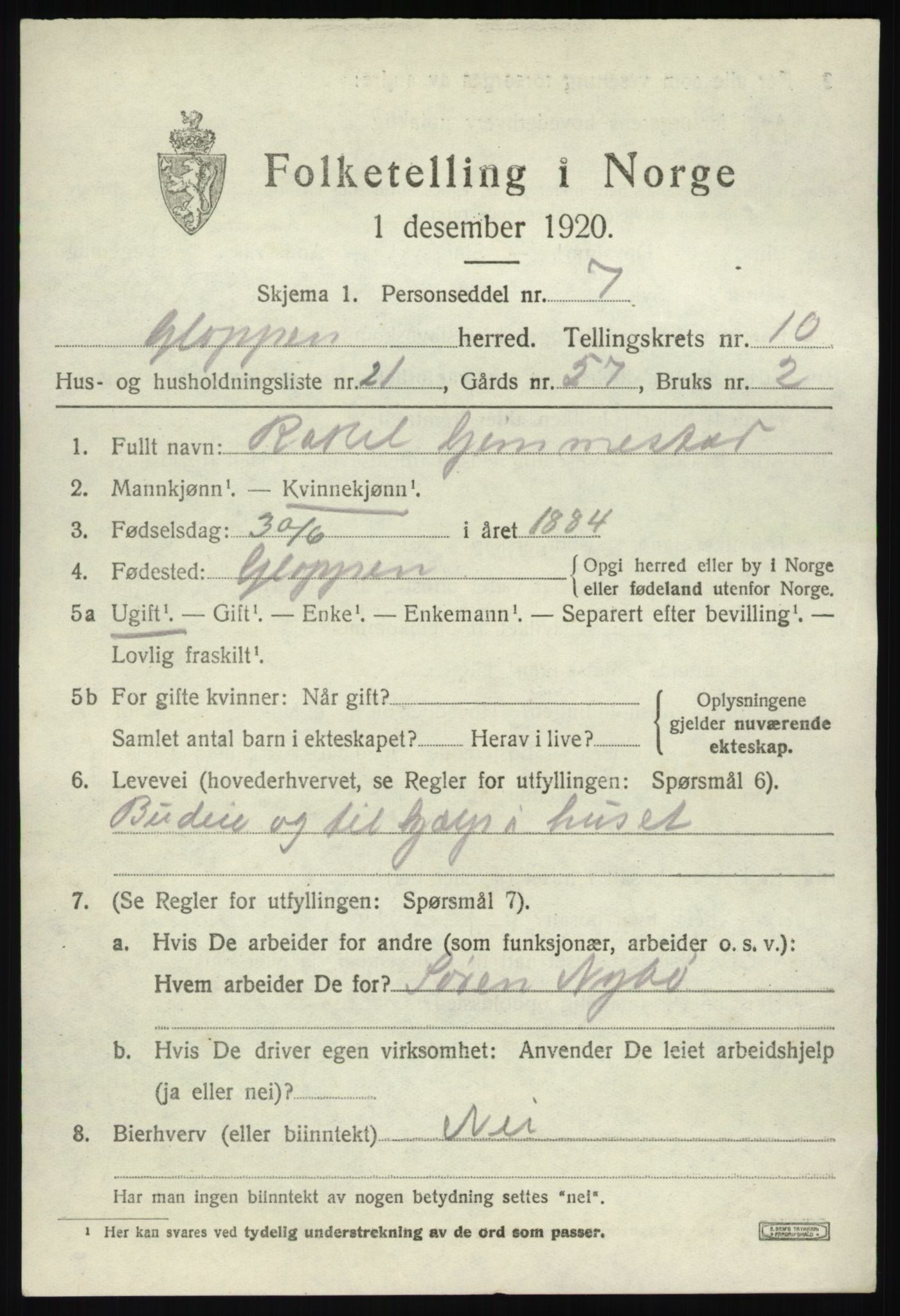 SAB, 1920 census for Gloppen, 1920, p. 5472